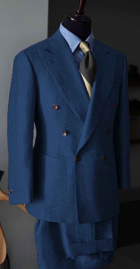 Double Breasted Linen Men’s Suits 2PCS Peak Lapel Wedding Groom Blazer Tuxedos