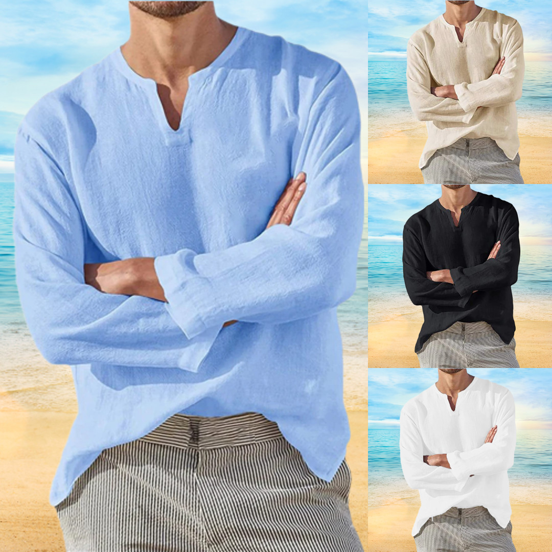 Men’s Shirt Long Sleeve Cotton Linen T-shirt V-Neck Solid Breathable Casual NEW