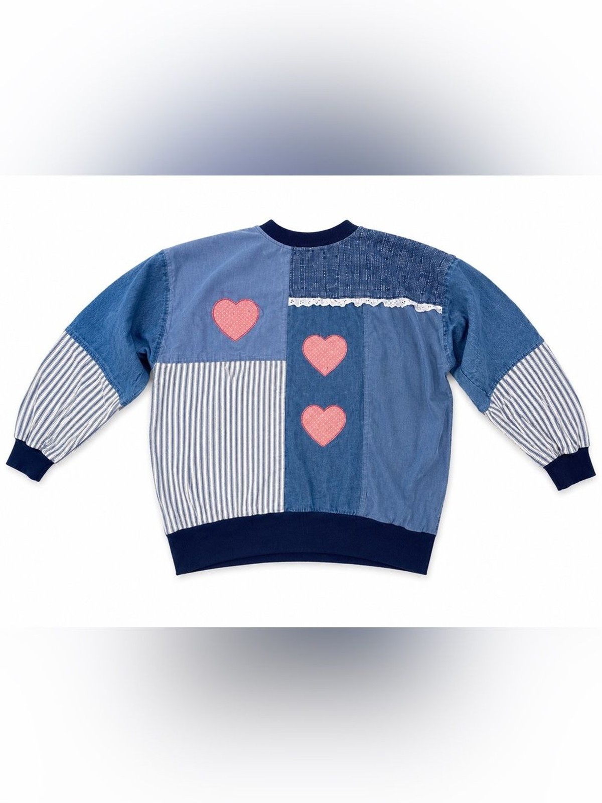 Vintage Patchwork Denim Sweatshirt Pullover Hearts & Pigs
