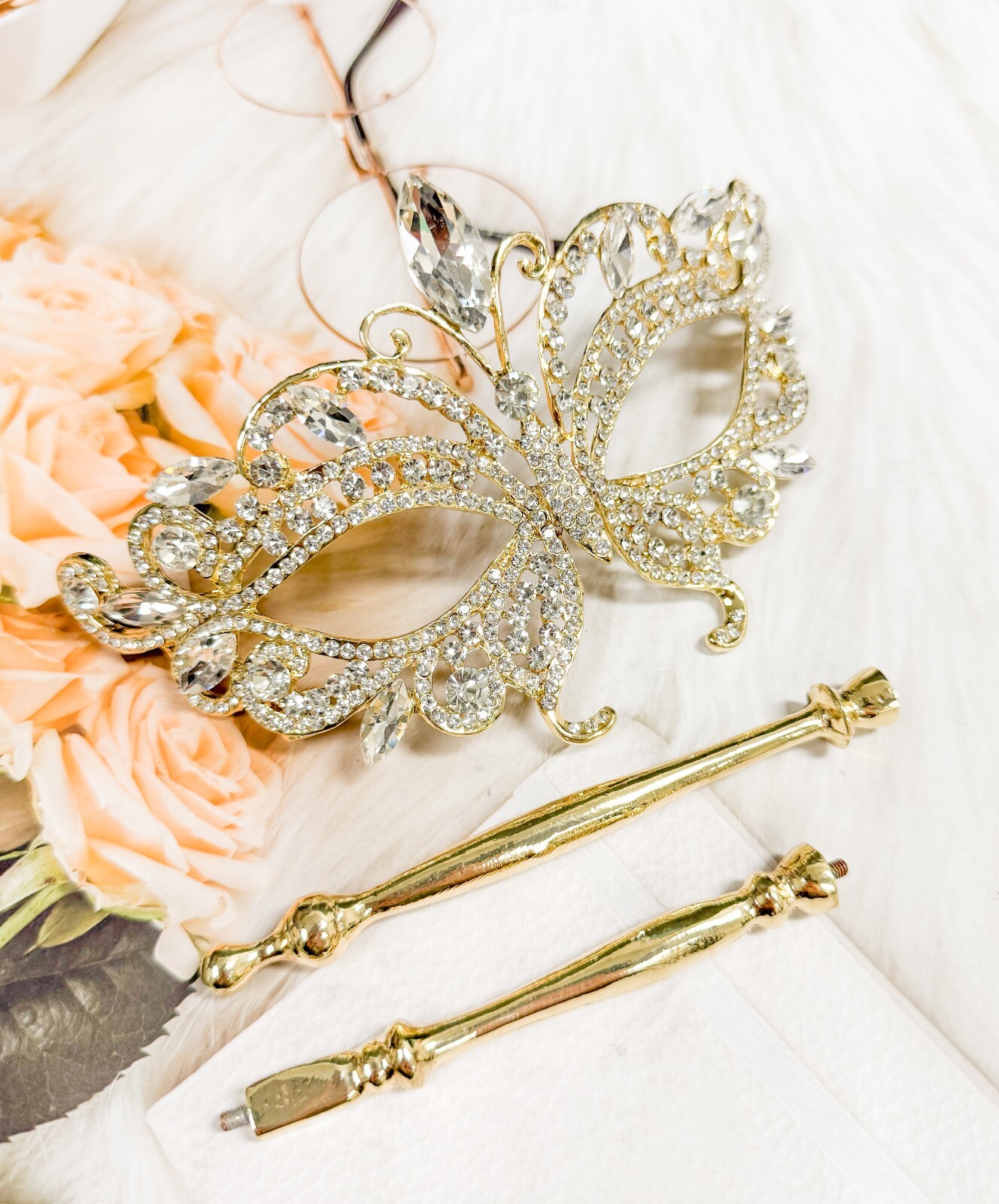 Crystal Mask with Stick, Prom Mask, Masquerade Ball Mask, Met Gala Gold Mask