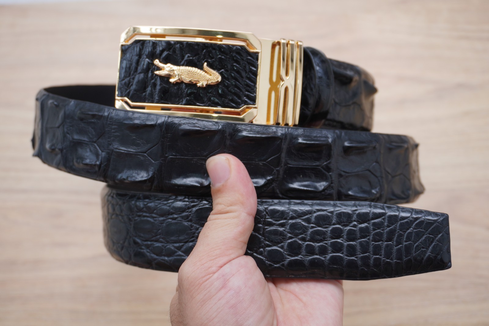W1.3 inch Black Genuine Crocodile Hornback Leather Skin Men’s Belt Buckle #F25