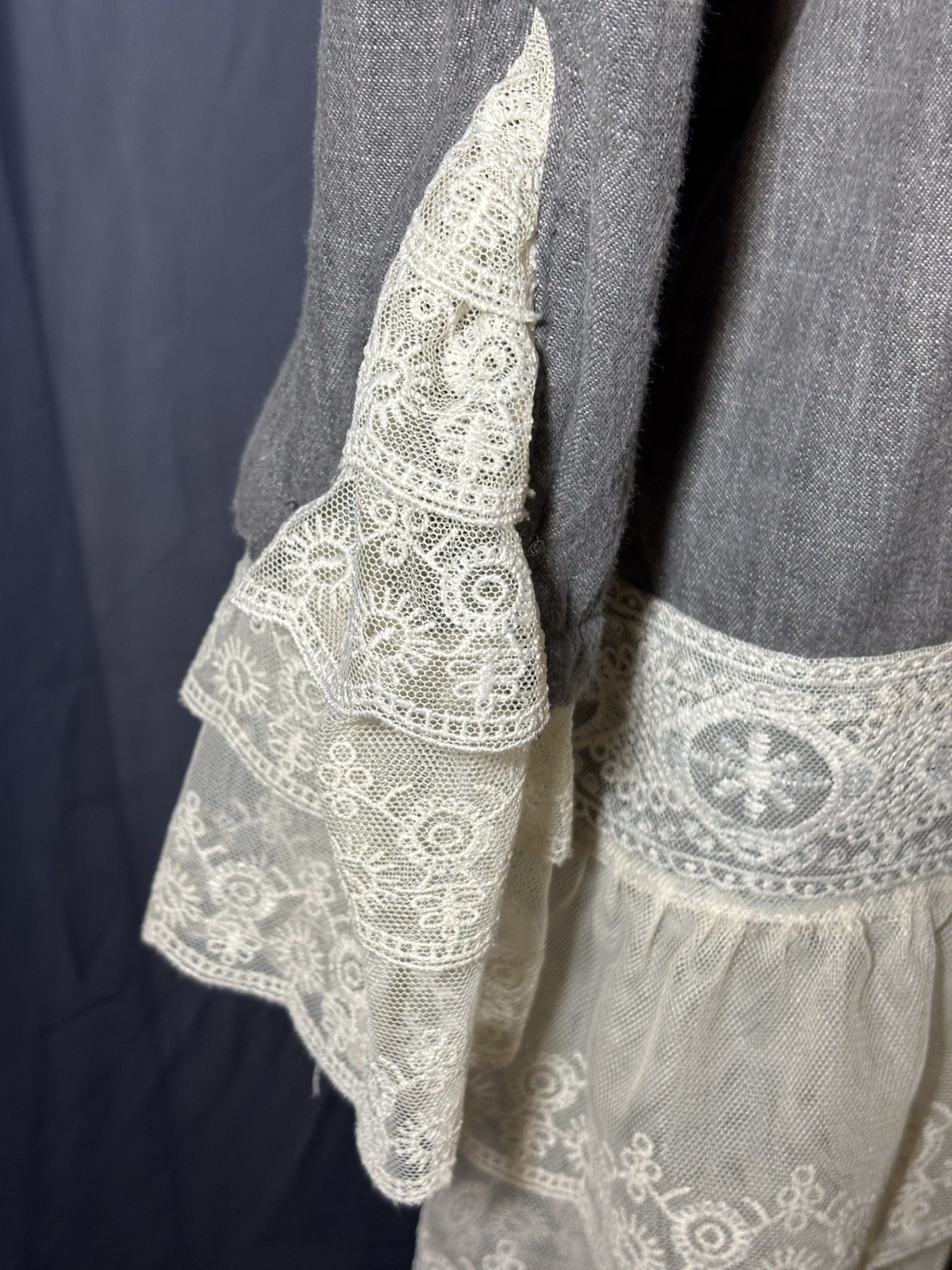 Gray Denim Lace Jacket With Scalloped Lace On Bottom Of Sleeves. Size M