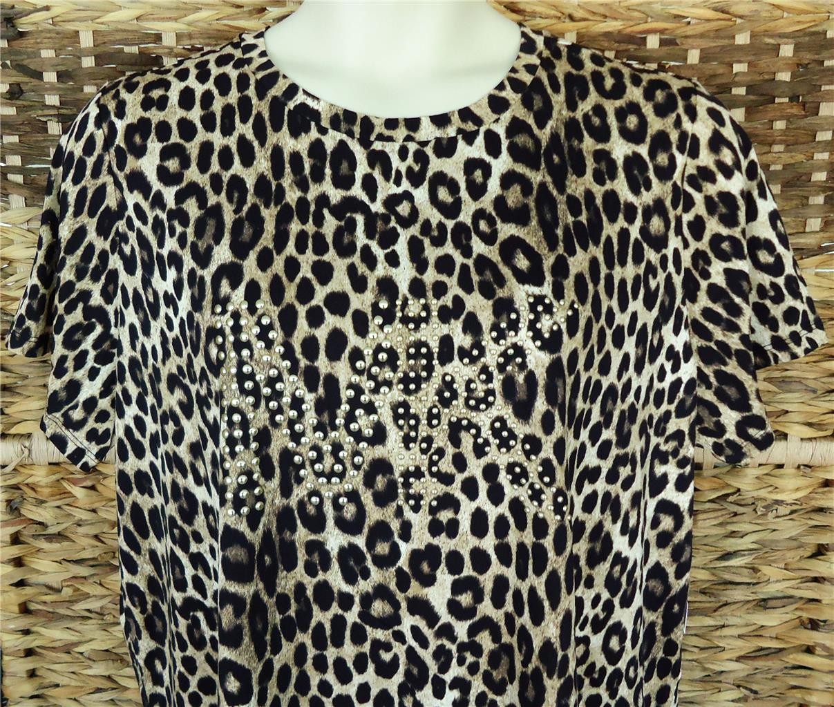MICHAEL KORS BROWN LEOPARD ANIMAL PRINT STUDDED LOGO T-SHIRT TOP PLUS 3X NWT $88