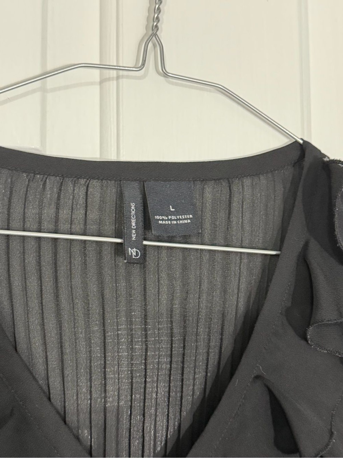 Black Sheer Ruffle Tie-Neck Long Sleeve Blouse Large