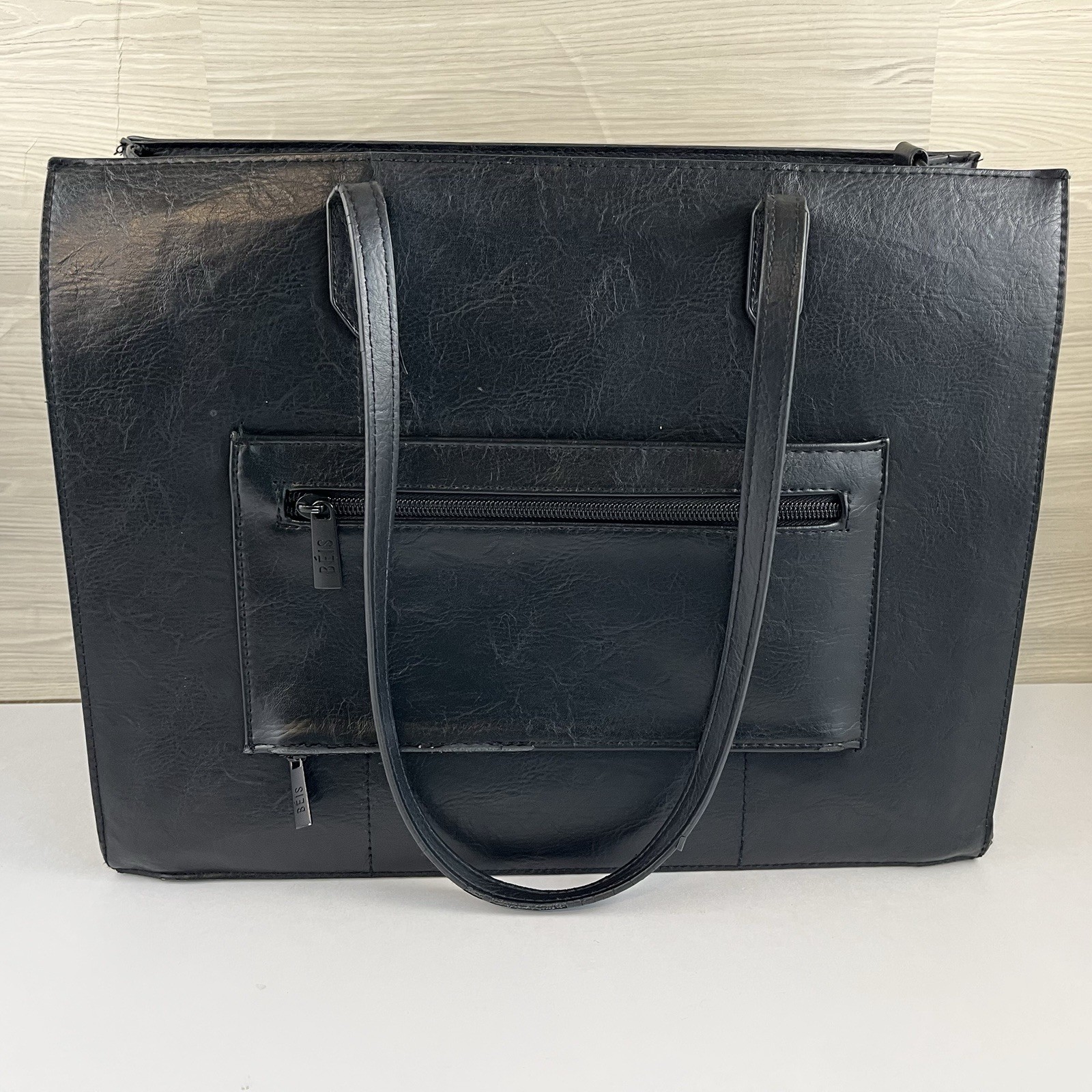 Beis Work Tote Bag The Commuter Smooth Vegan Leather Laptop Sleeve Water Bottle