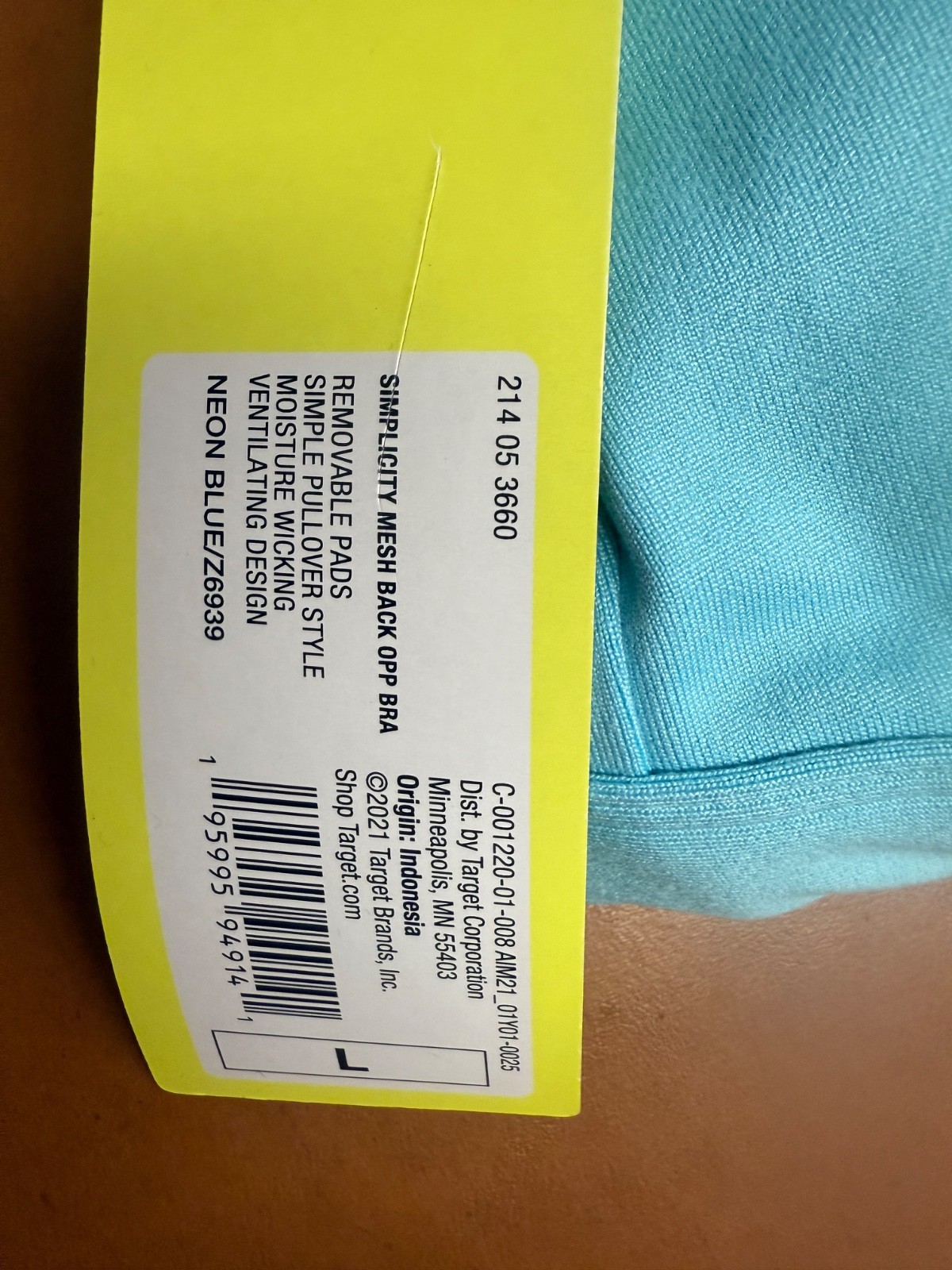 All In Motion LARGE Neon Blue Removable Pads Moisture-Wicking Racerback Bra