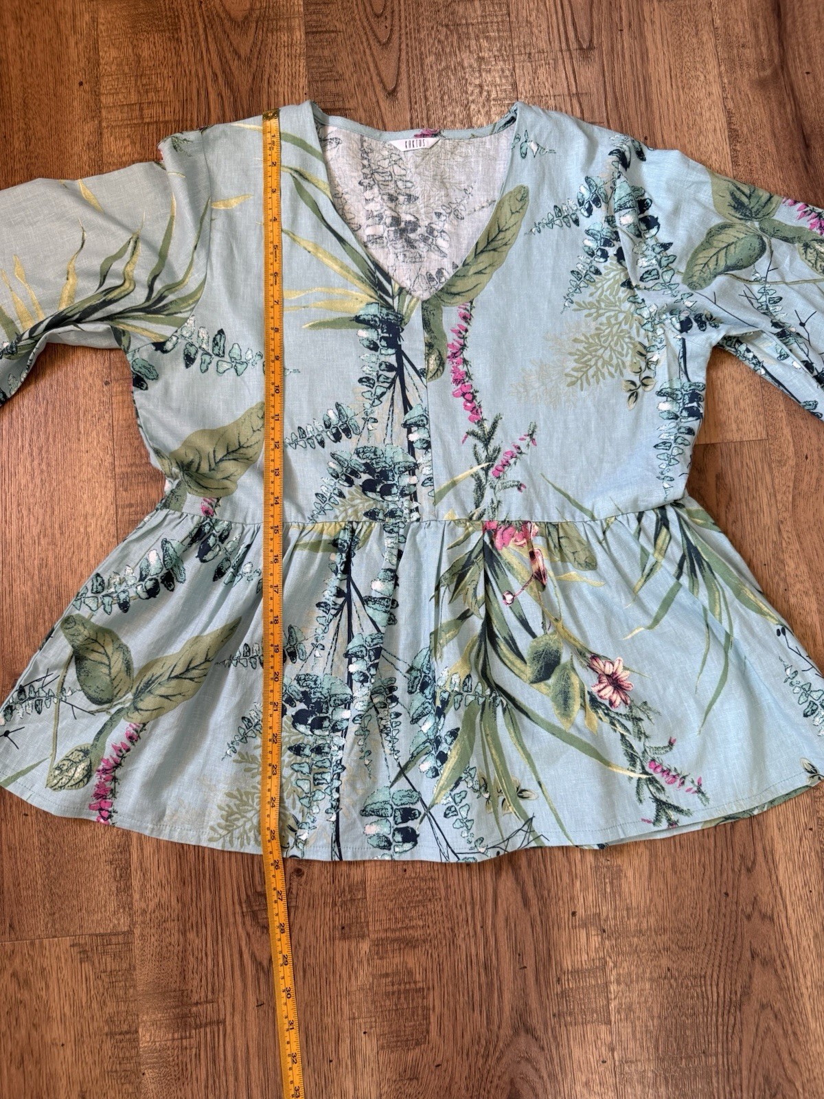 KAKTUS Tunic Blouse Blue Floral V-Neck 3/4 Bell Sleeve Woven Linen S