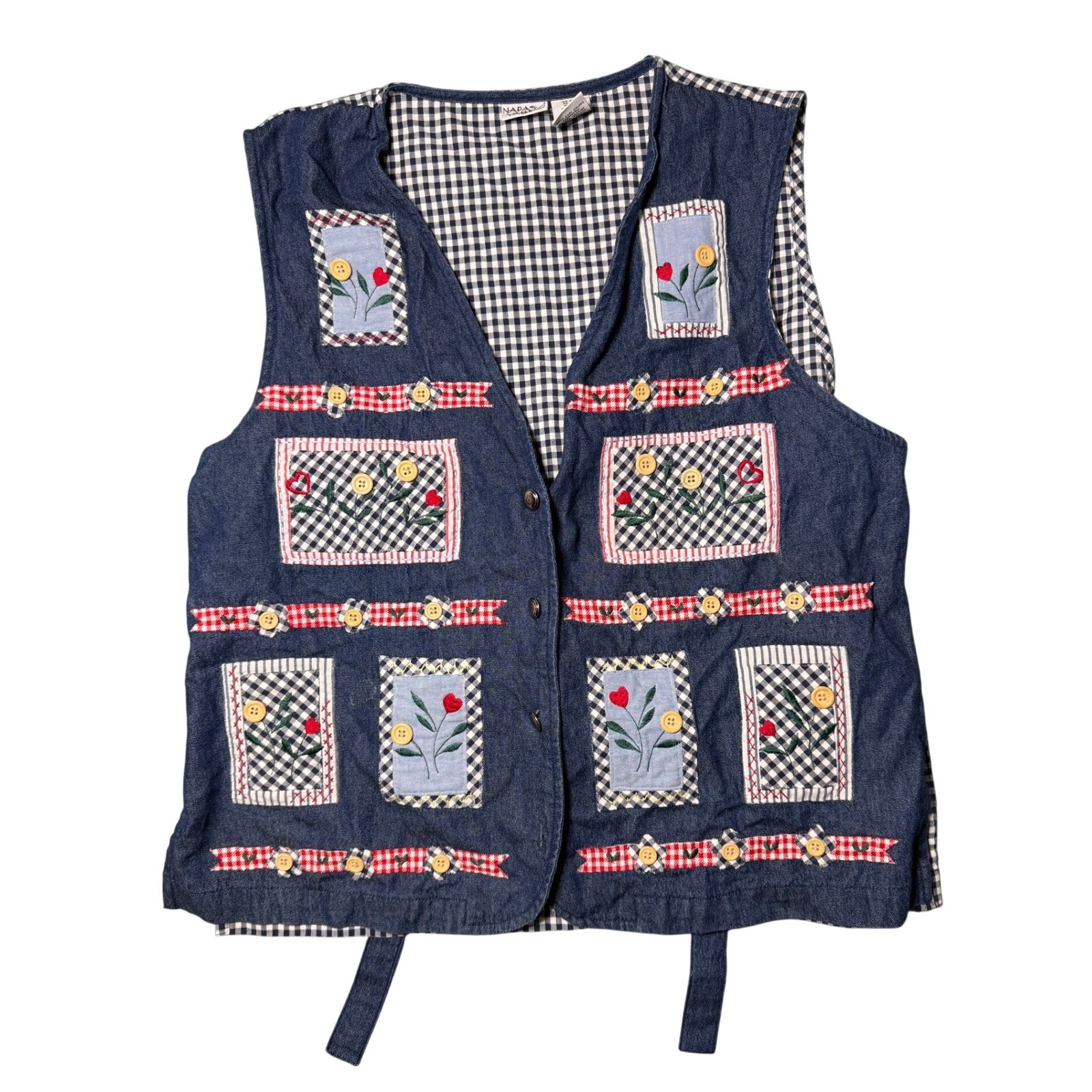 Vintage Napa Valley Denim Gingham Patchwork Floral Embroidered Vest Womens Large