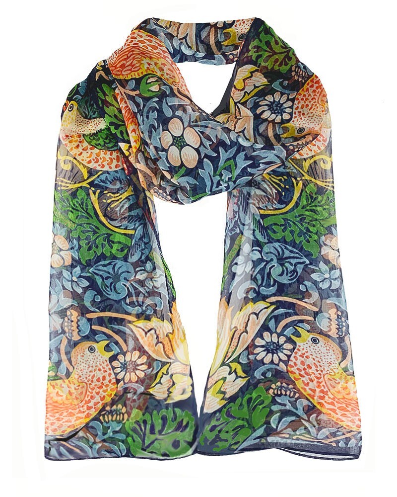 William Morris Strawberry Thief Silk Chiffon Scarf – Blue