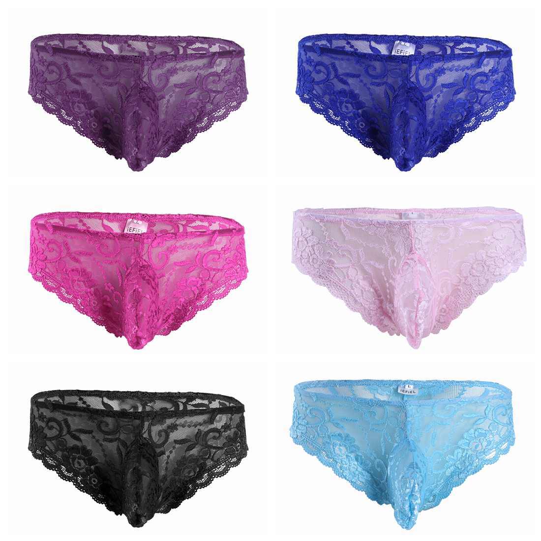Mens Low Rise Bulge Pouch Briefs Underwear Sissy Sheer Lace Floral Lace Panties