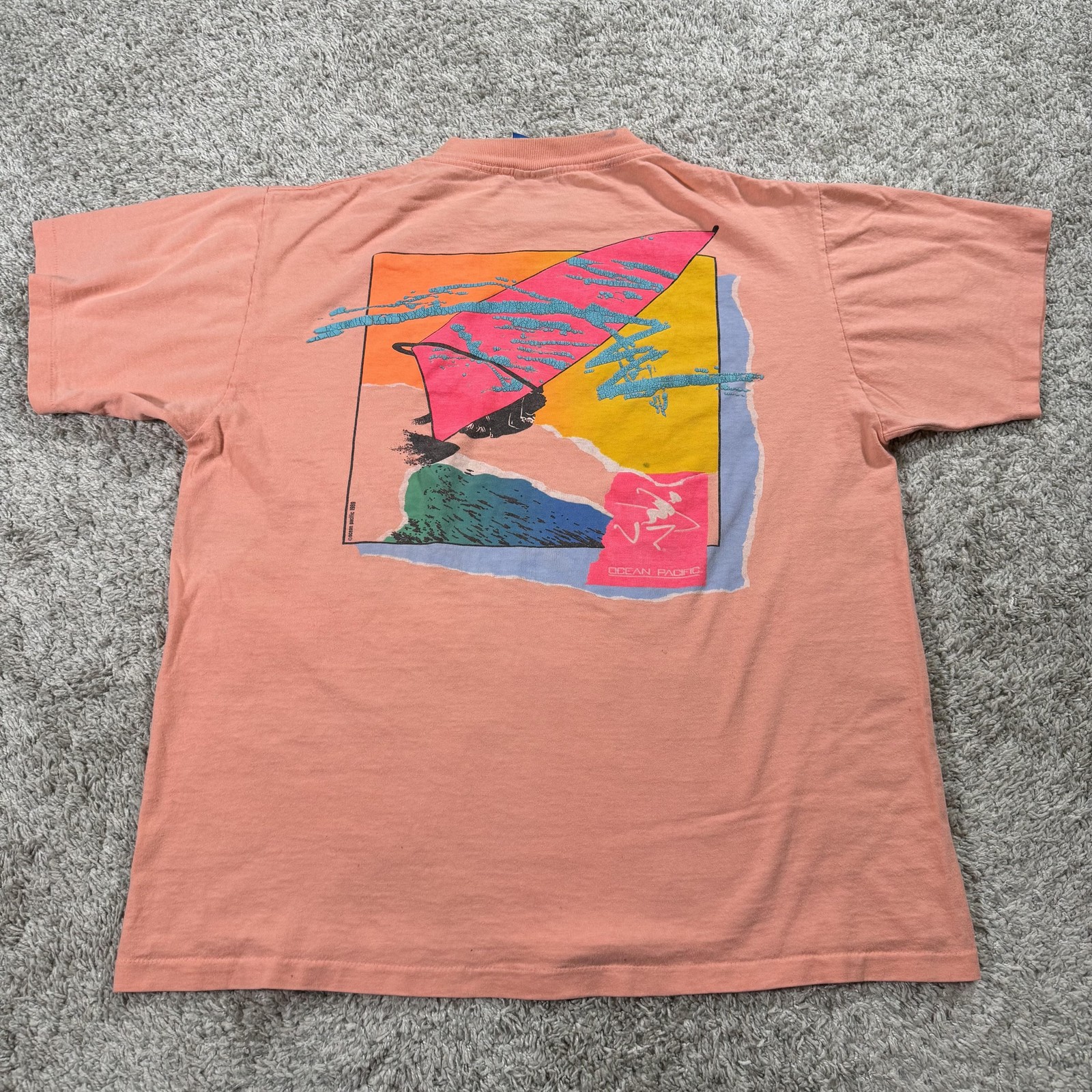 Vintage Ocean Pacific Shirt Mens Large Pink Windsurf Surf Graphic 80s 1989 USA