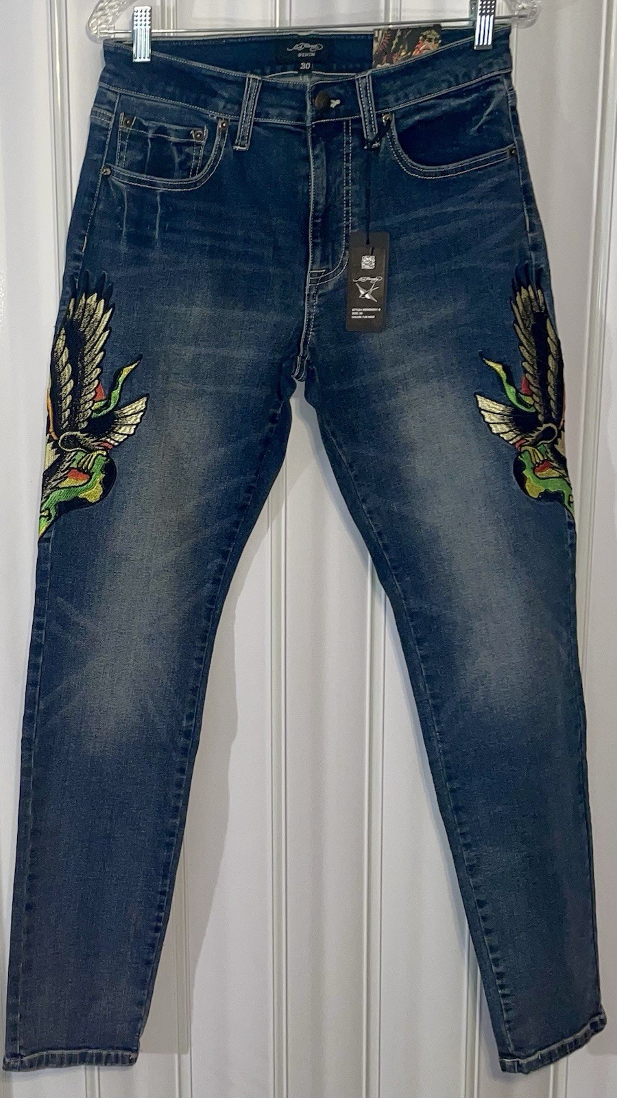 NEW ED HARDY Eagle Vs Snake SlimStraight Distressed Denim Embroidered Y2K Jeans