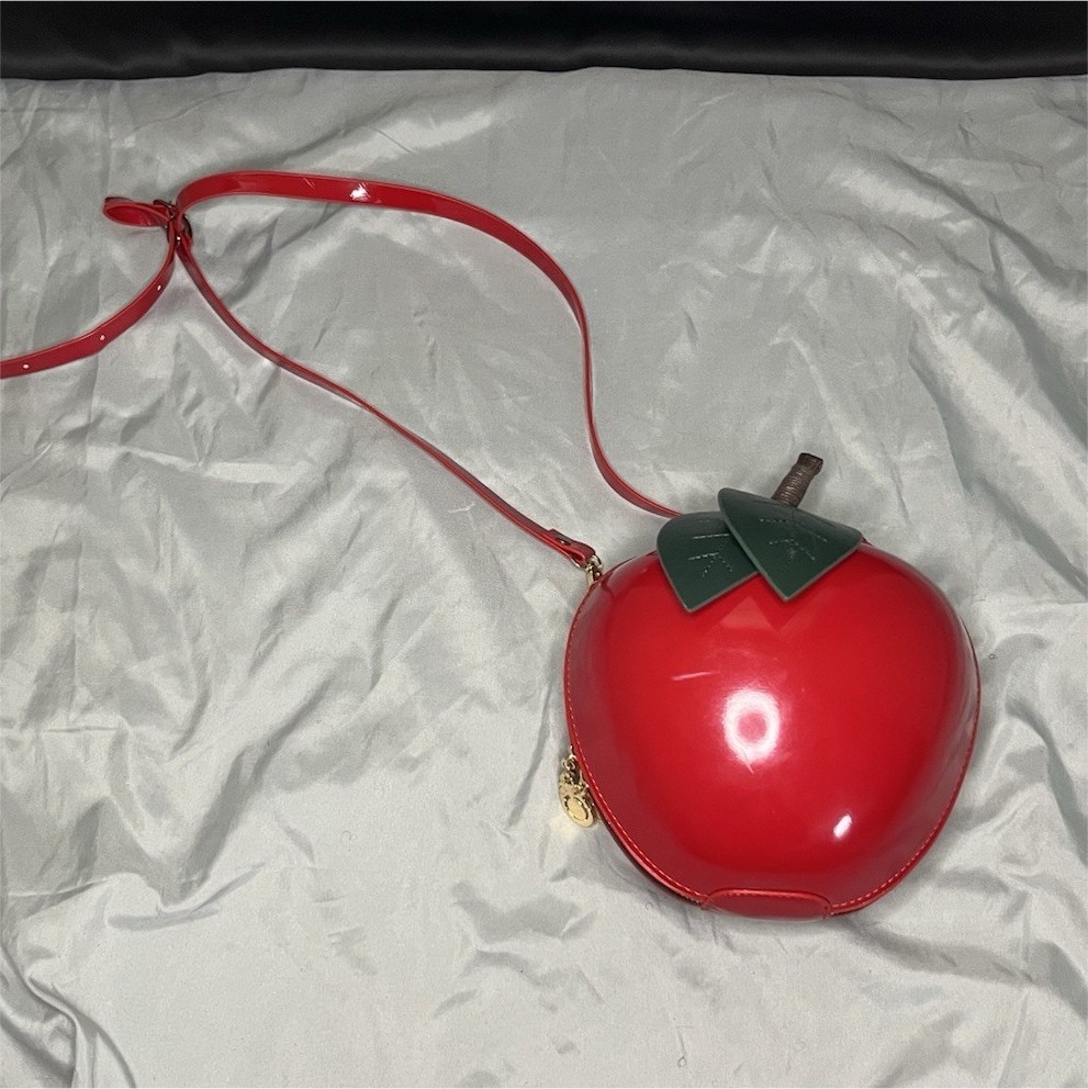 Women’s Small Red/Green Heart Apple Crossbody Bag, Glossy Gold Zip, Strap