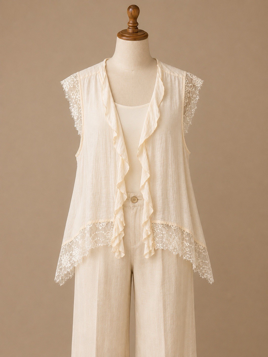 Panitii M Ivory Lace Ruffle Sleeveless Tunic Blouse Boho Hi Low Top 65% Cotton