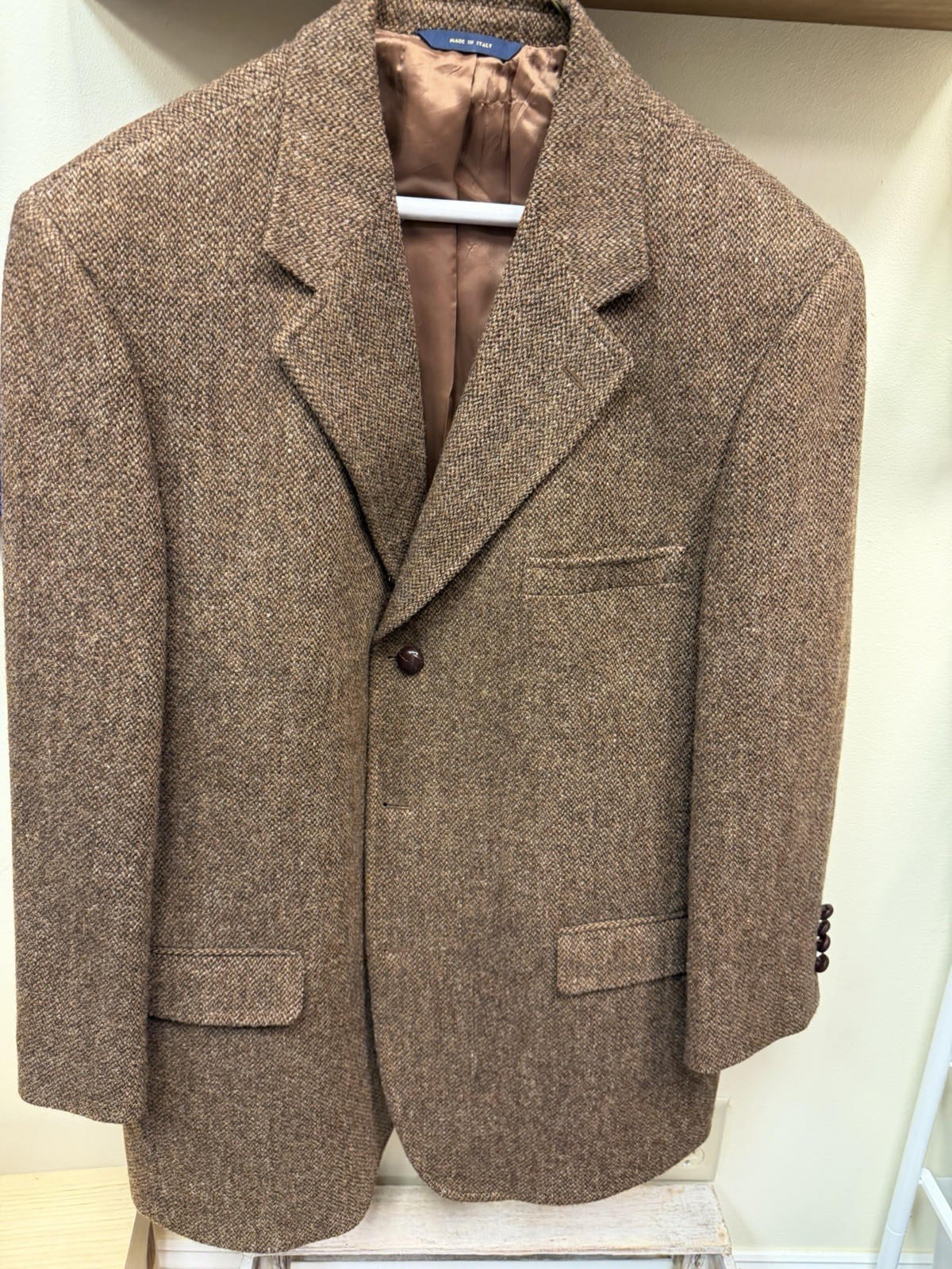 Harris Tweed Sport Coat Blazer 43R Brown Wool Made in Italy Hand Woven