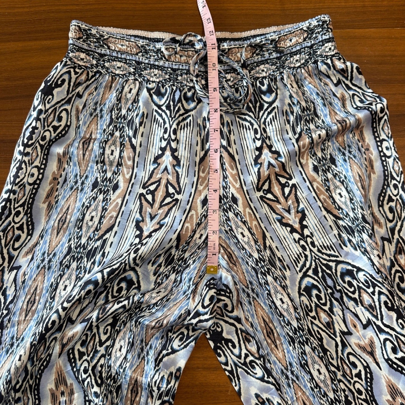 Hale Bob Wide Leg Pants Silk Blend Small, Blue Ikat Palazzo Boho Beach Resort