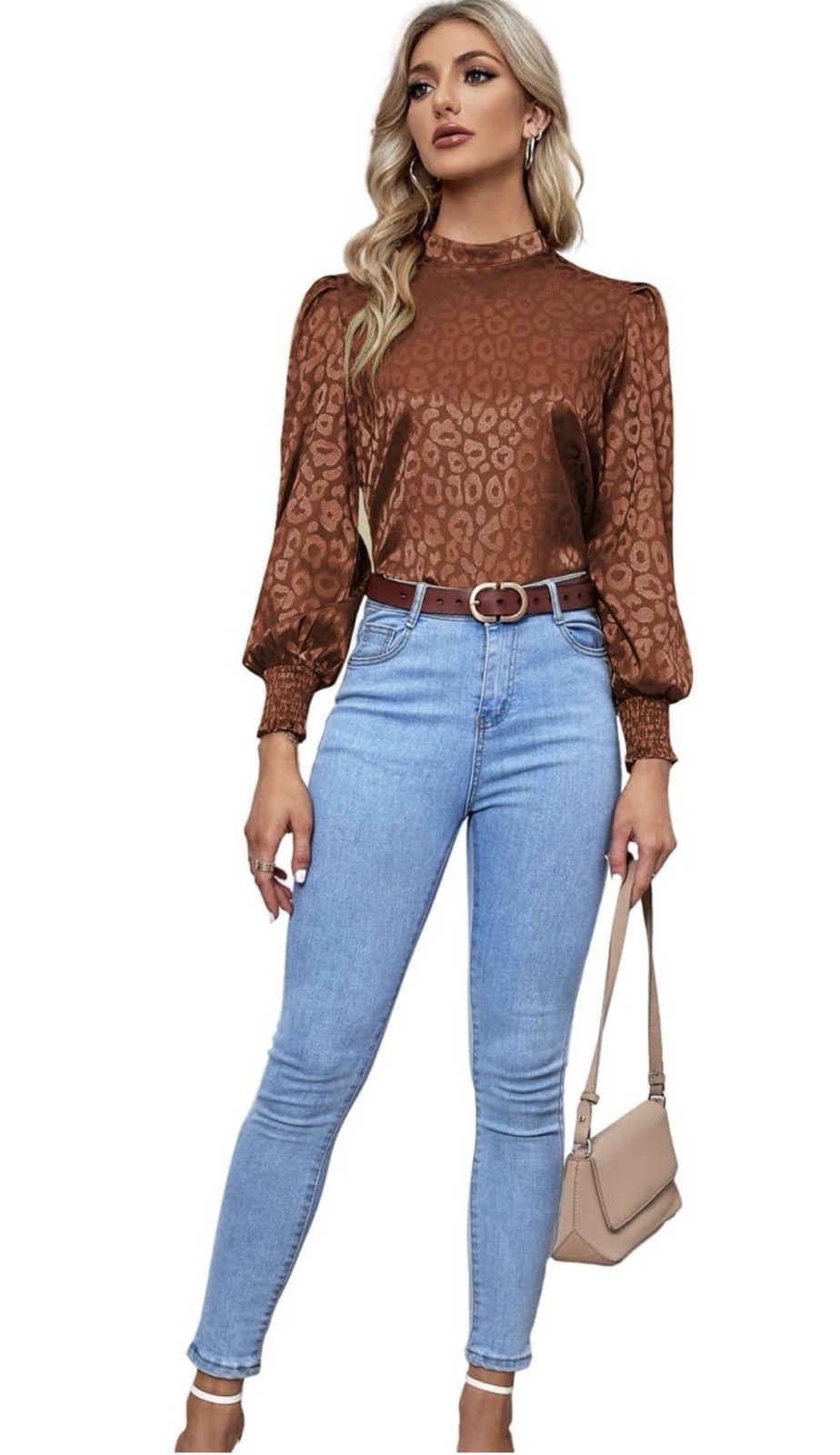 Lyaner NWOT Brown Satin Mock Neck Puff Sleeve Blouse XL Leopard Jacquard