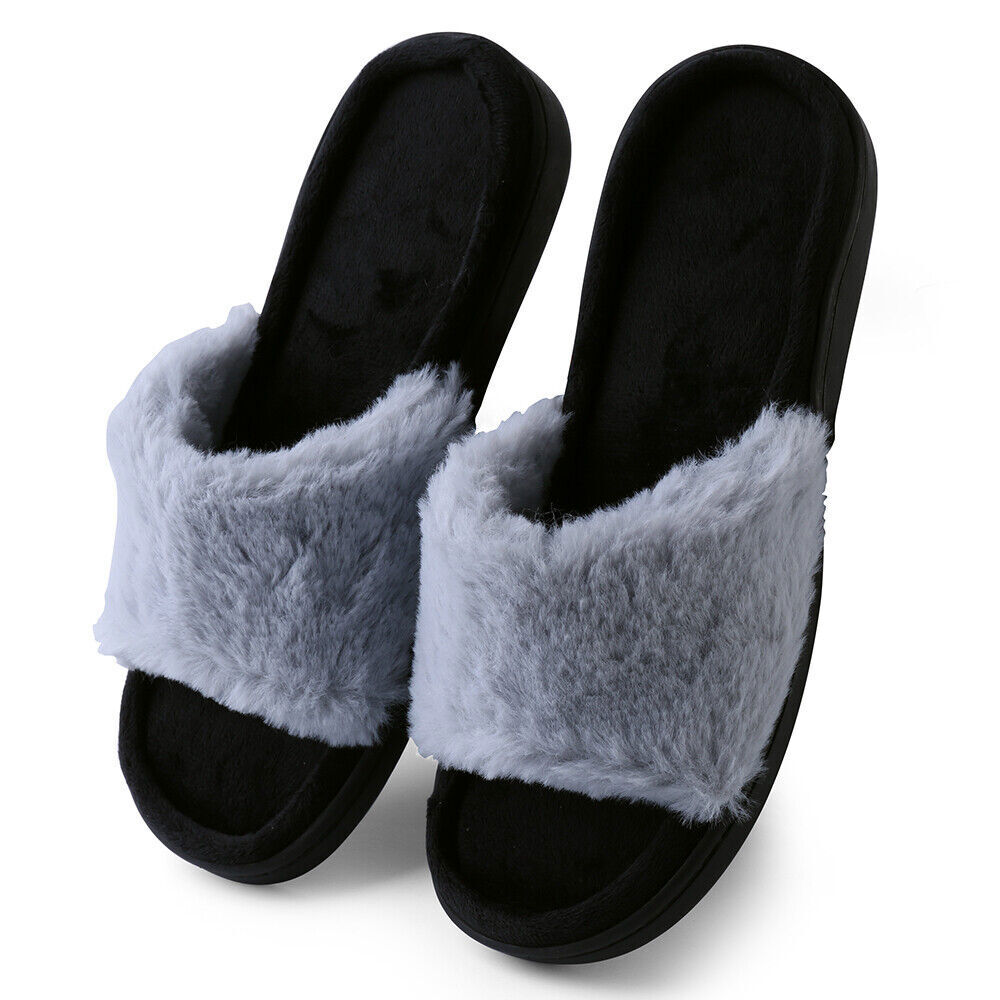 Aerusi Women Fuzzy Comfy Slide Open Toe Memroy Foam Slippers House Bedroom Shoes