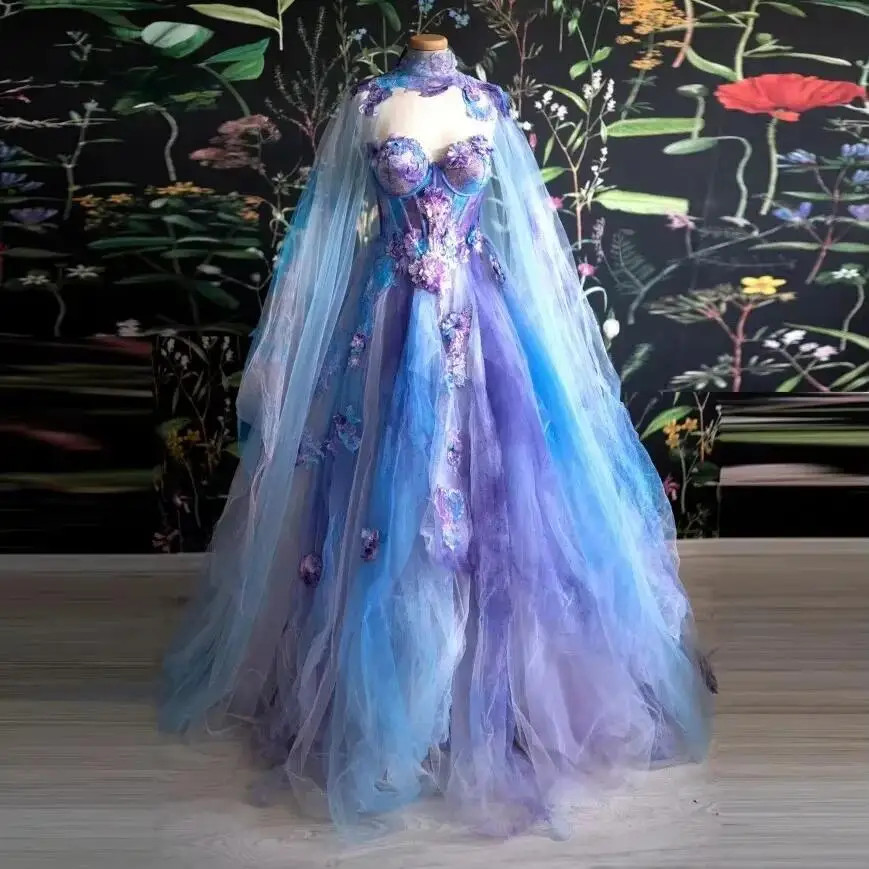 Colorful Fairy Tulle Prom Dress Floral Applique Sweetheart Puffy Long Party Gown