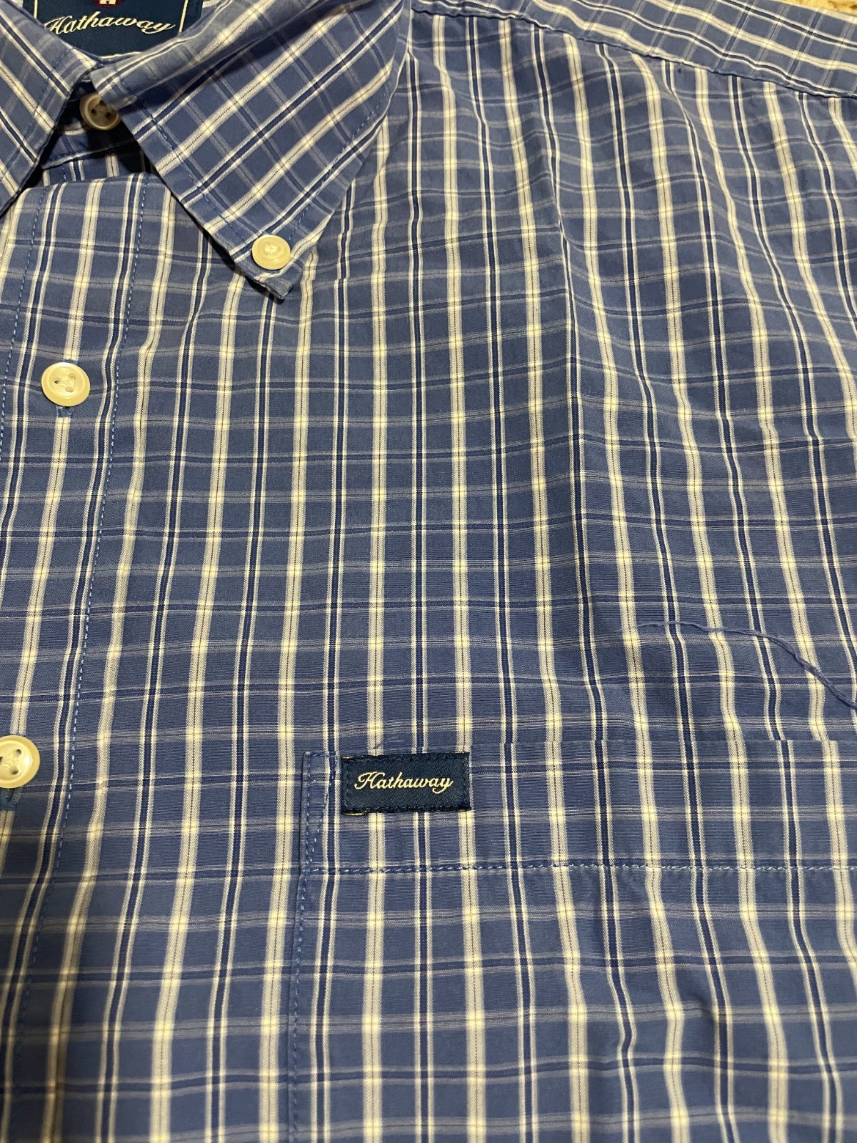Hathaway Shirt Men’s L Short Sleeve Button Down Blue Plaid Pocket Cotton
