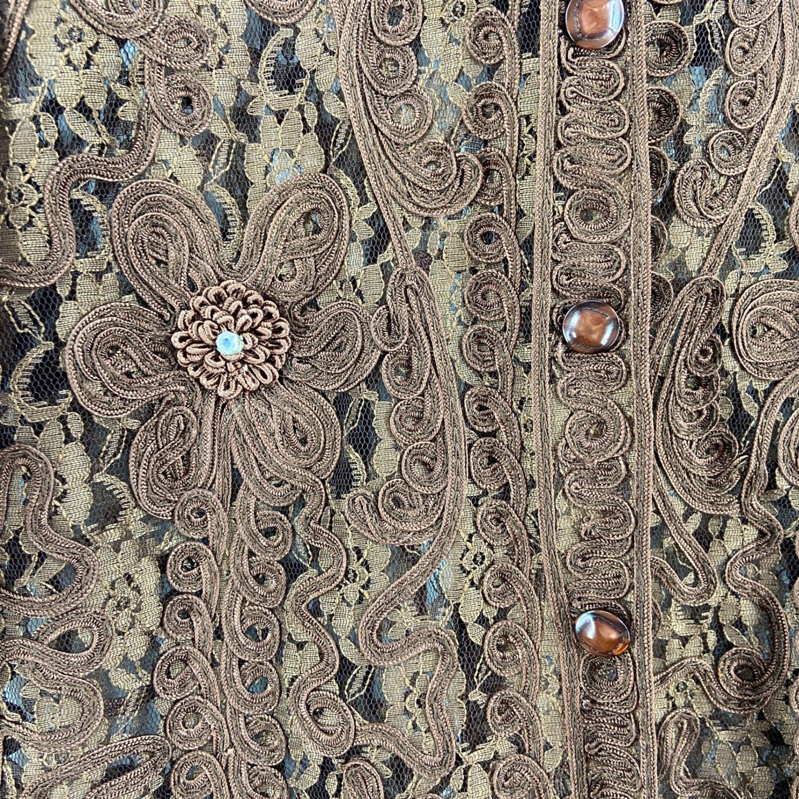 Pretty Angel Brown Silk Lace Long Sleeve Wide Collar Blouse Womens Medium