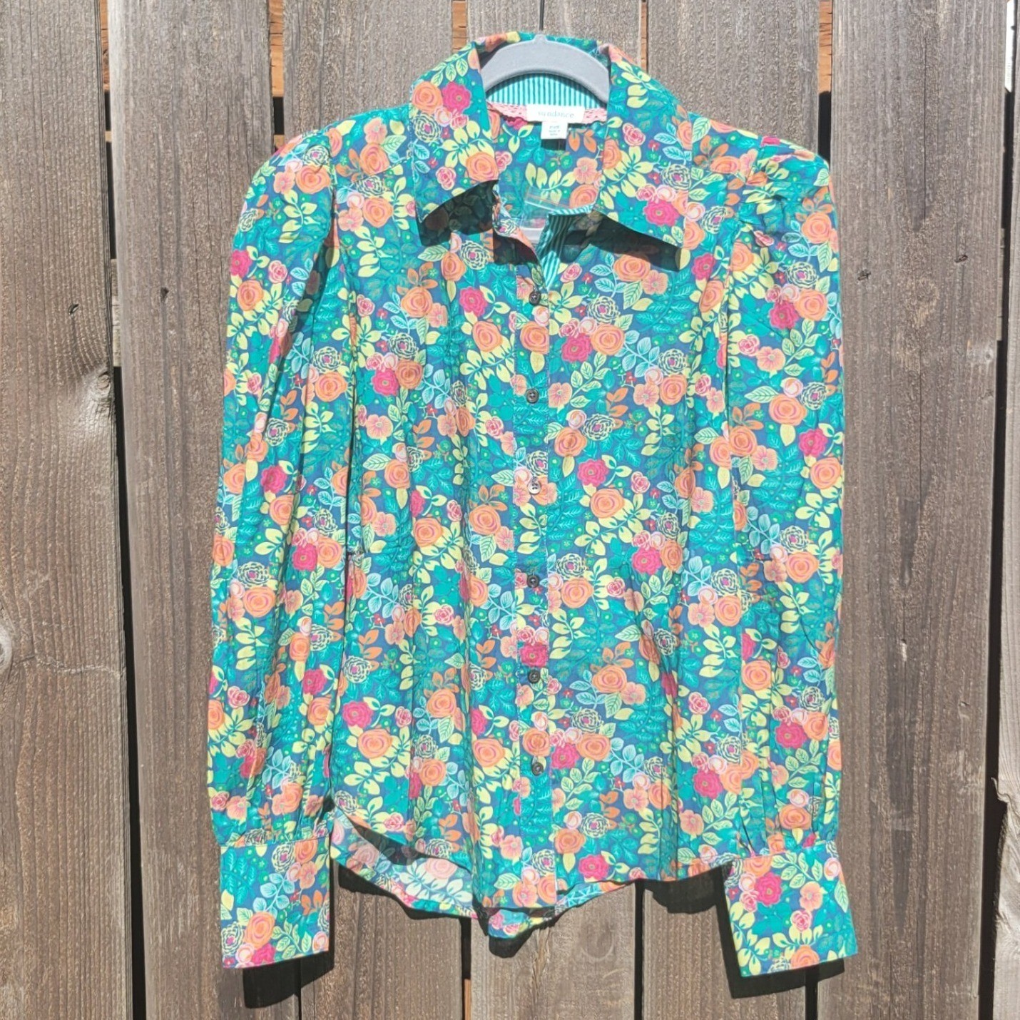 Sundance Rosie Vine Floral Long Puff Sleeve Button Up Blouse PXS Blue Green Boho