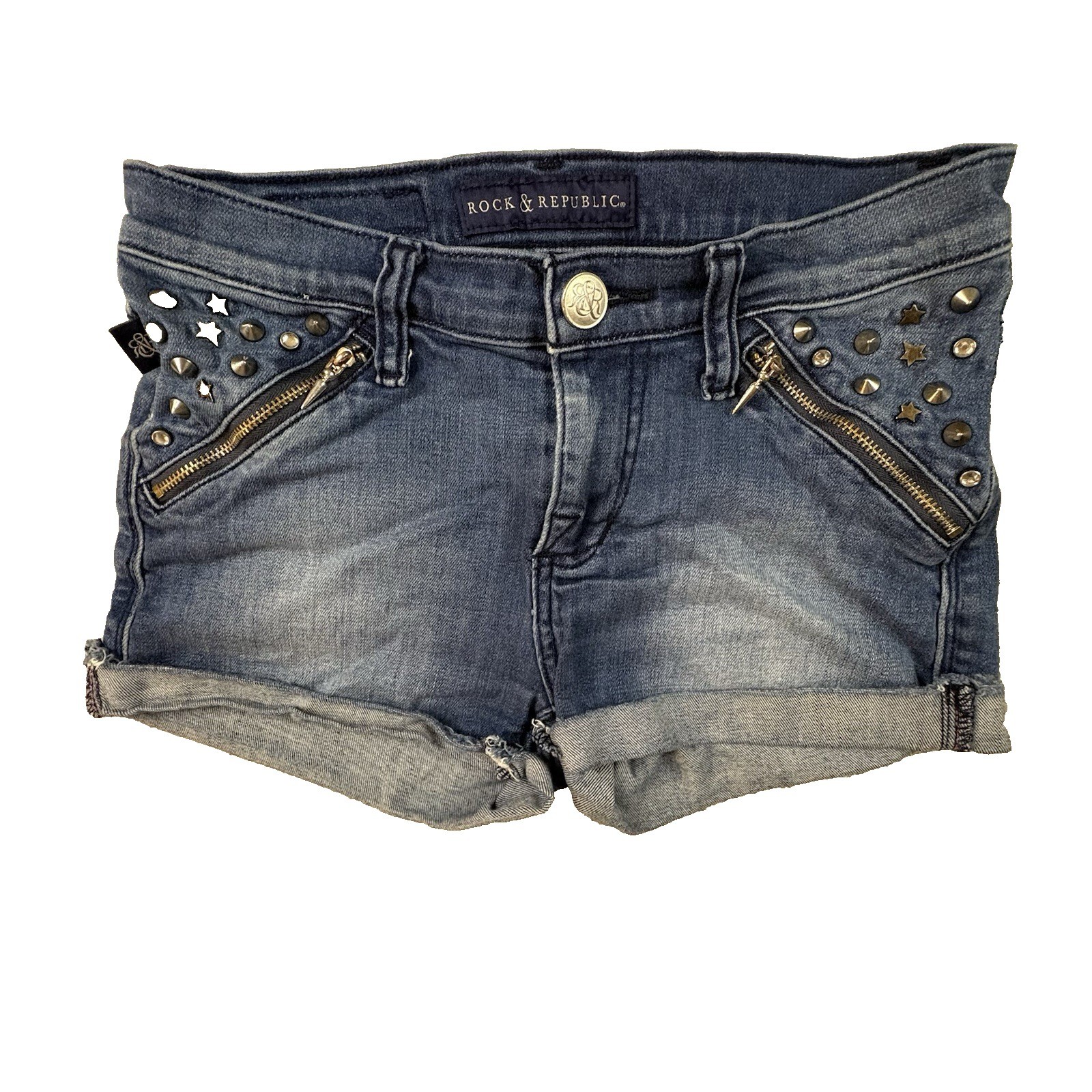 Rock & Republic Womens 0 (27.5×1.75) Blue Pixie Studded Zip Pocket Shorts Y2K