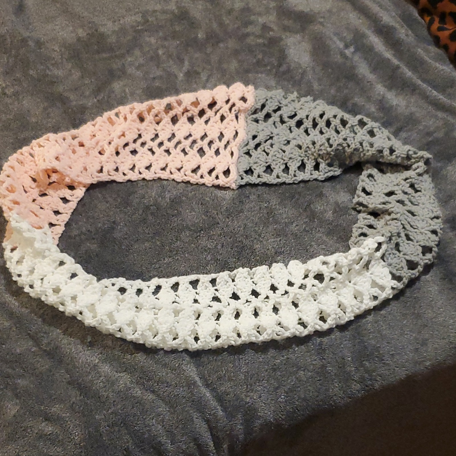 Gray White Pink Colorblock Crocheted Acrylic Women’s Infinity Loop Scarf