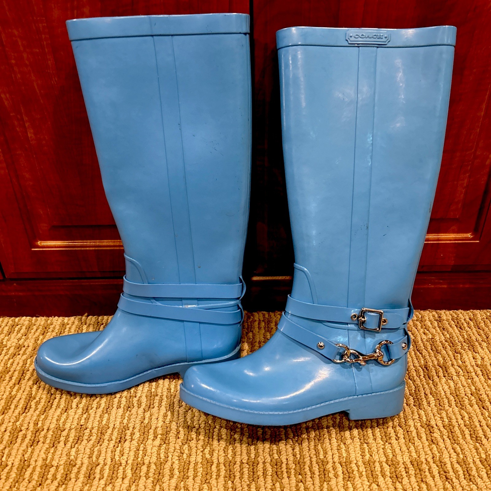 Coach Women Blue Waterproof Knee High Rubber Rain Lori Boots Size 6/36