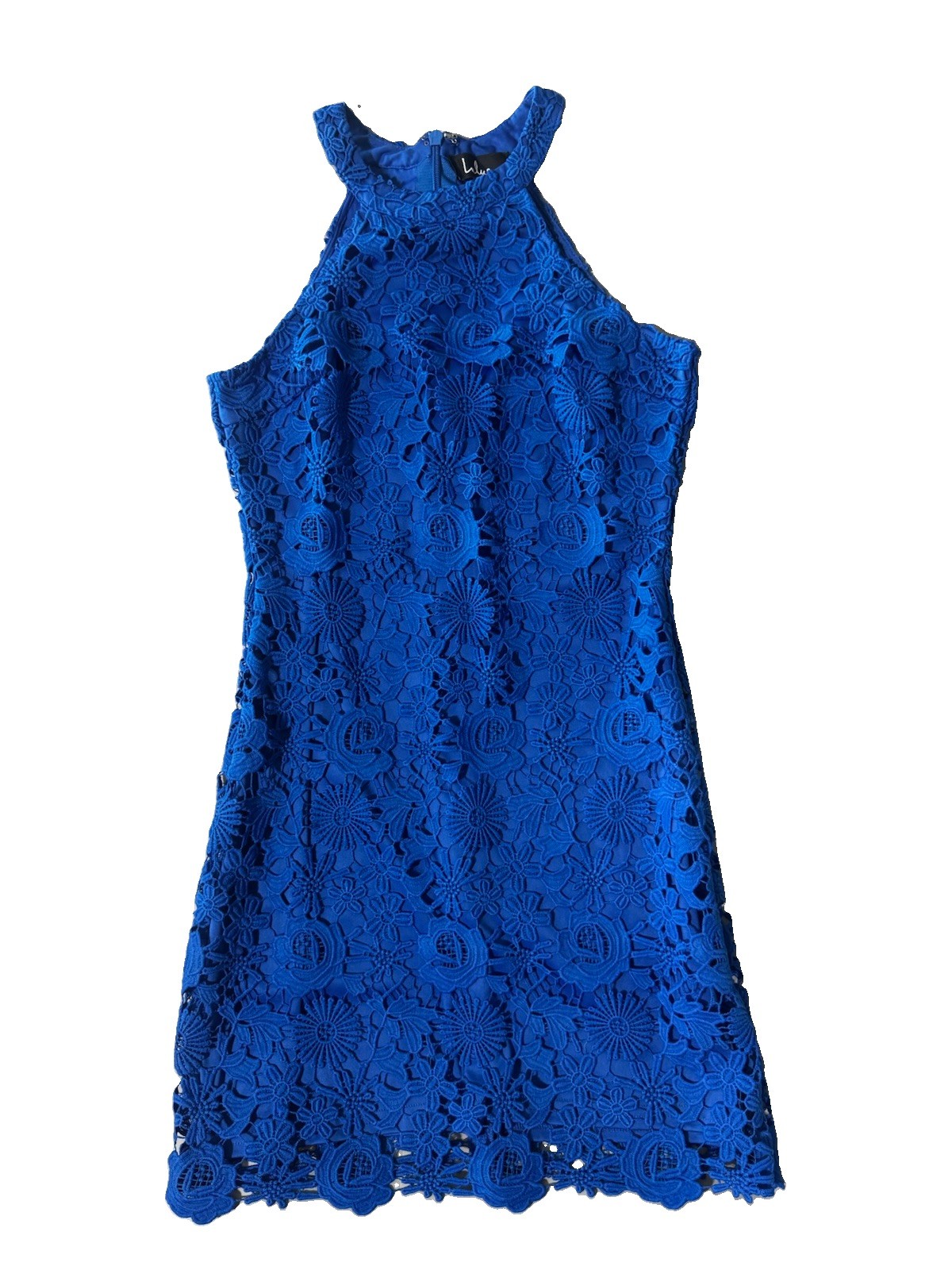 Lulus Women’s Blue Floral Lace Halter Love Poem Dress Romantic Coquette Size M
