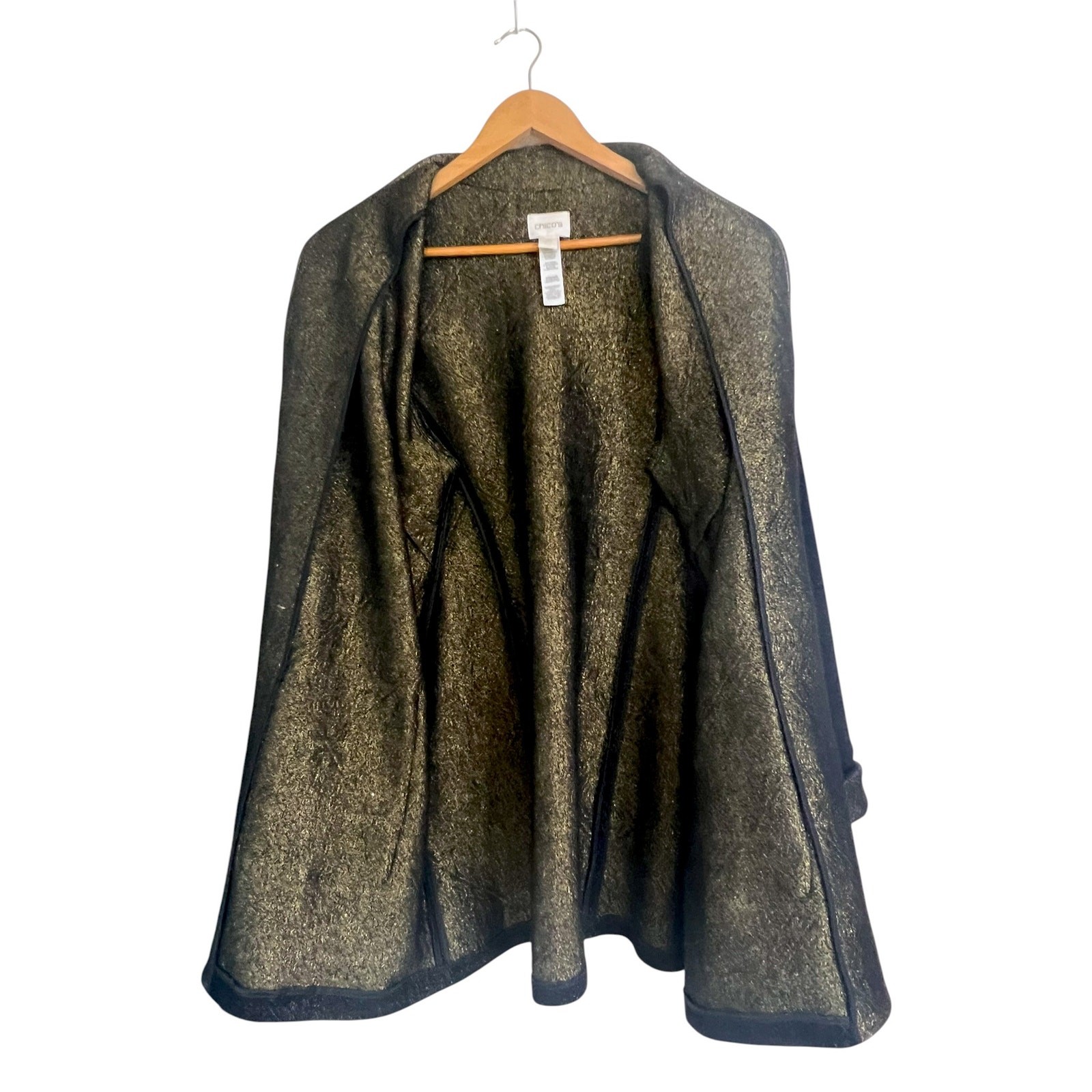 Chico’s Women’s Size 3-XL Open Front Longline Duster Jacket Black Gold Metallic