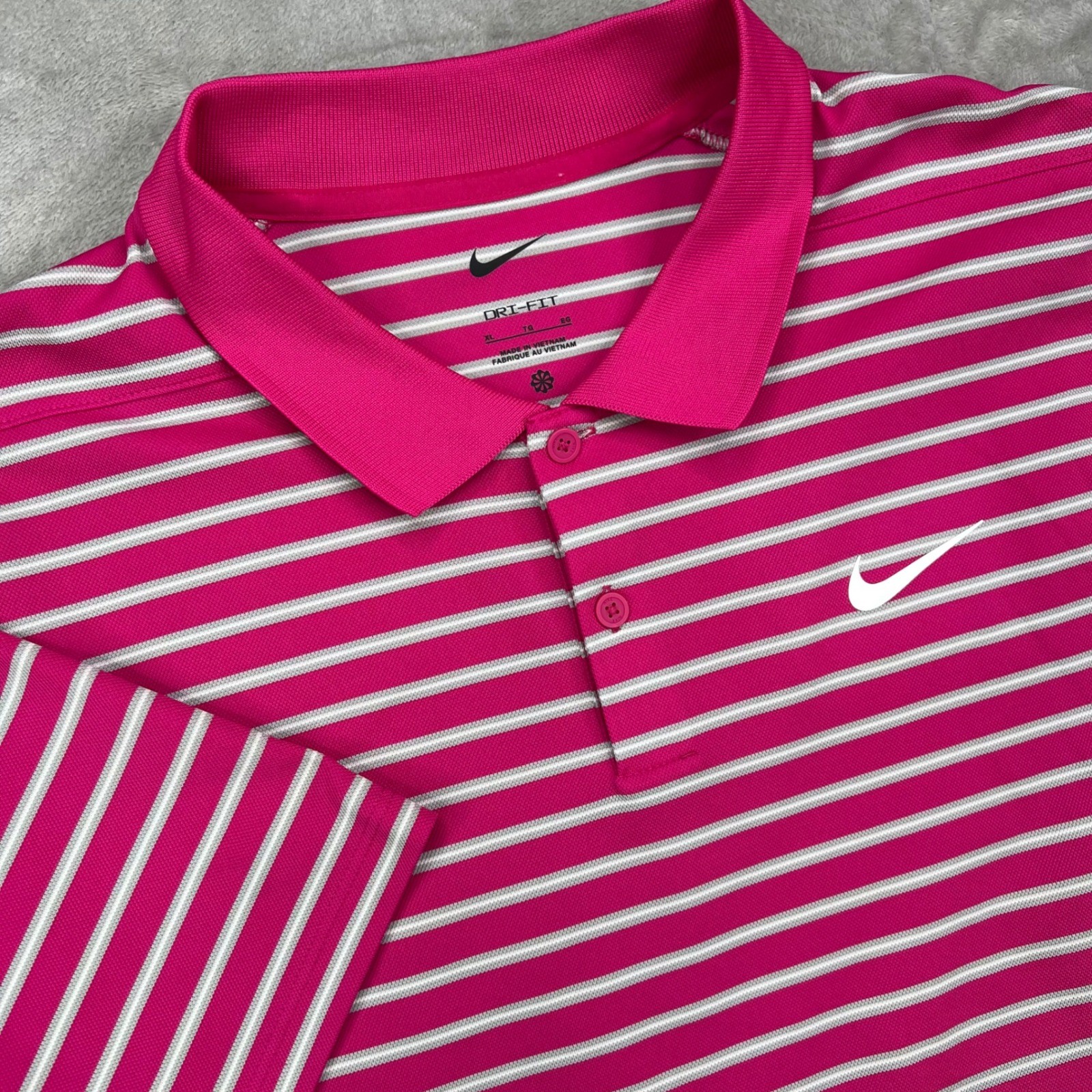 Nike Golf Polo Shirt Mens XL Pink White Striped Dri-FIT Performance Short Sleeve