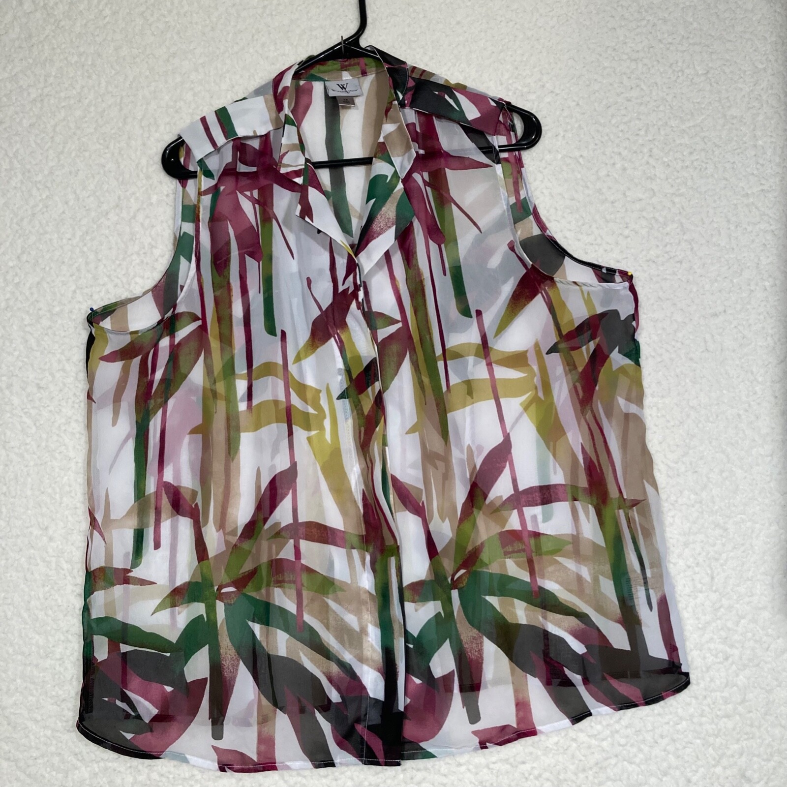 Worthington Women 1X 5 button up Semi sheer Sleeveless White purple green floral