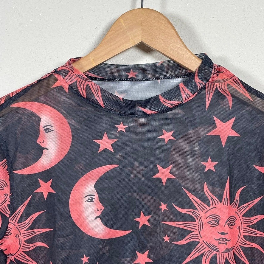 Celestial Mesh Crop Sheer Top Womens S Black Red Grunge Goth Sun Moon Stars