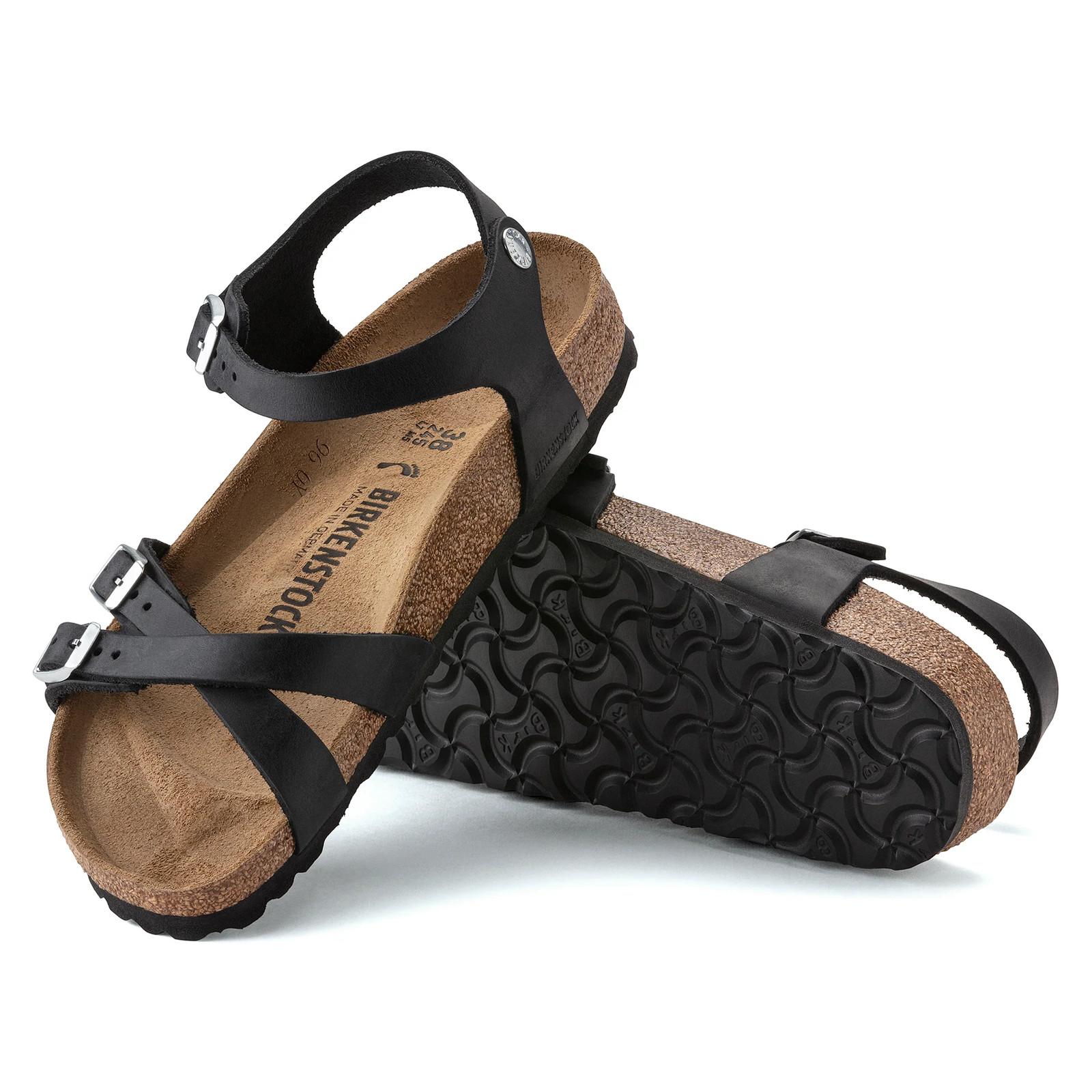 BIRKENSTOCK KUMBA BLACK WAXY LEATHER MEDIUM/NARROW WIDTH CROSSED STRAPS SANDALS