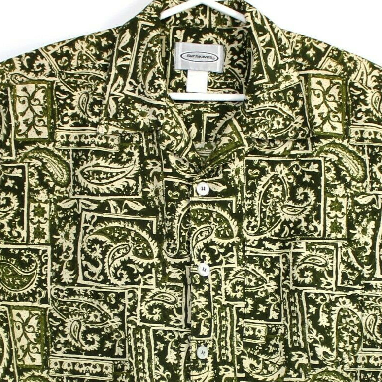 Surf Waves Hawaiian Shirt Mens L Chest 47 in Retro Green Paisley Soft Aloha
