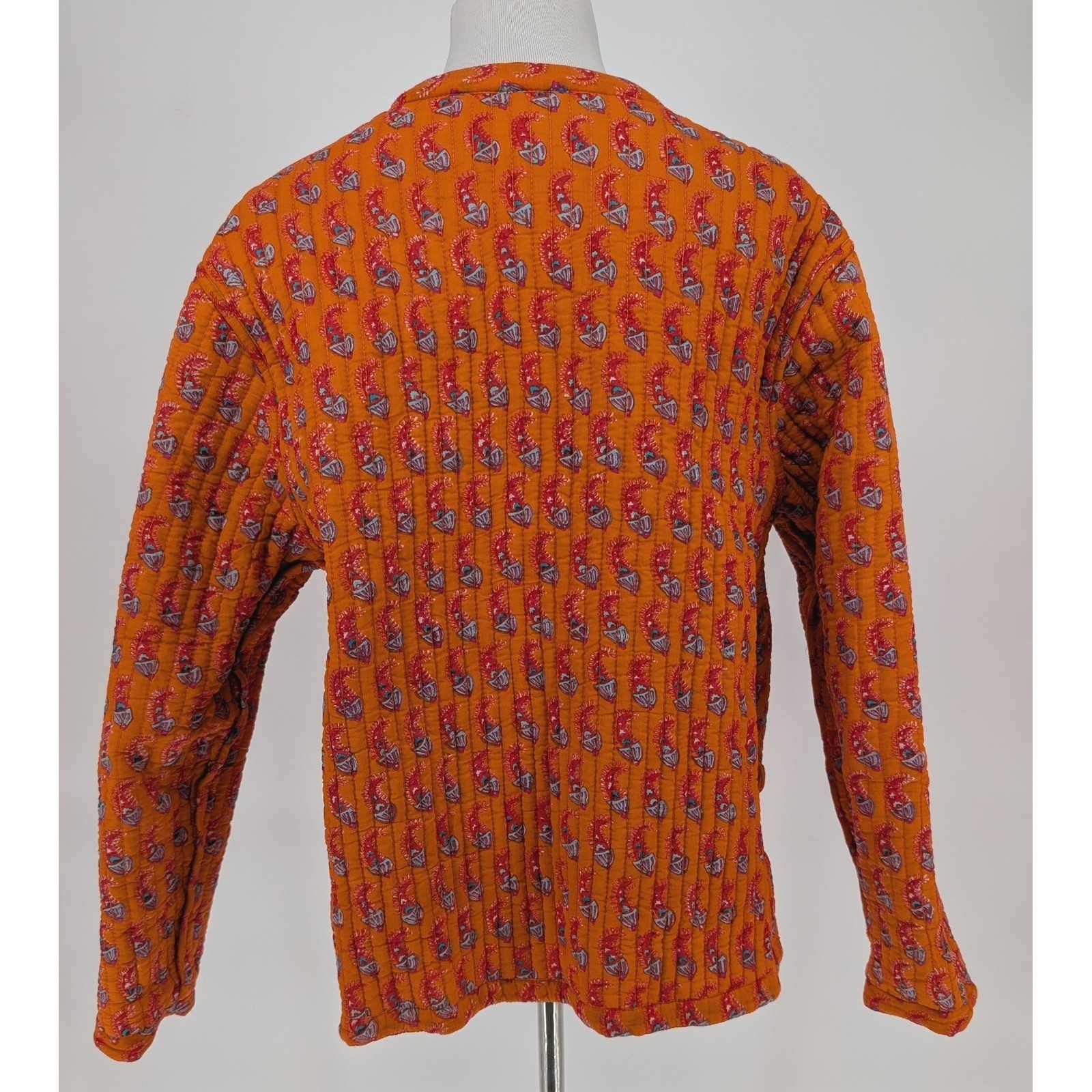 Reversible Quilted Jacket Wmns M Blue Orange Paisley Floral Boho Cottage Artisan