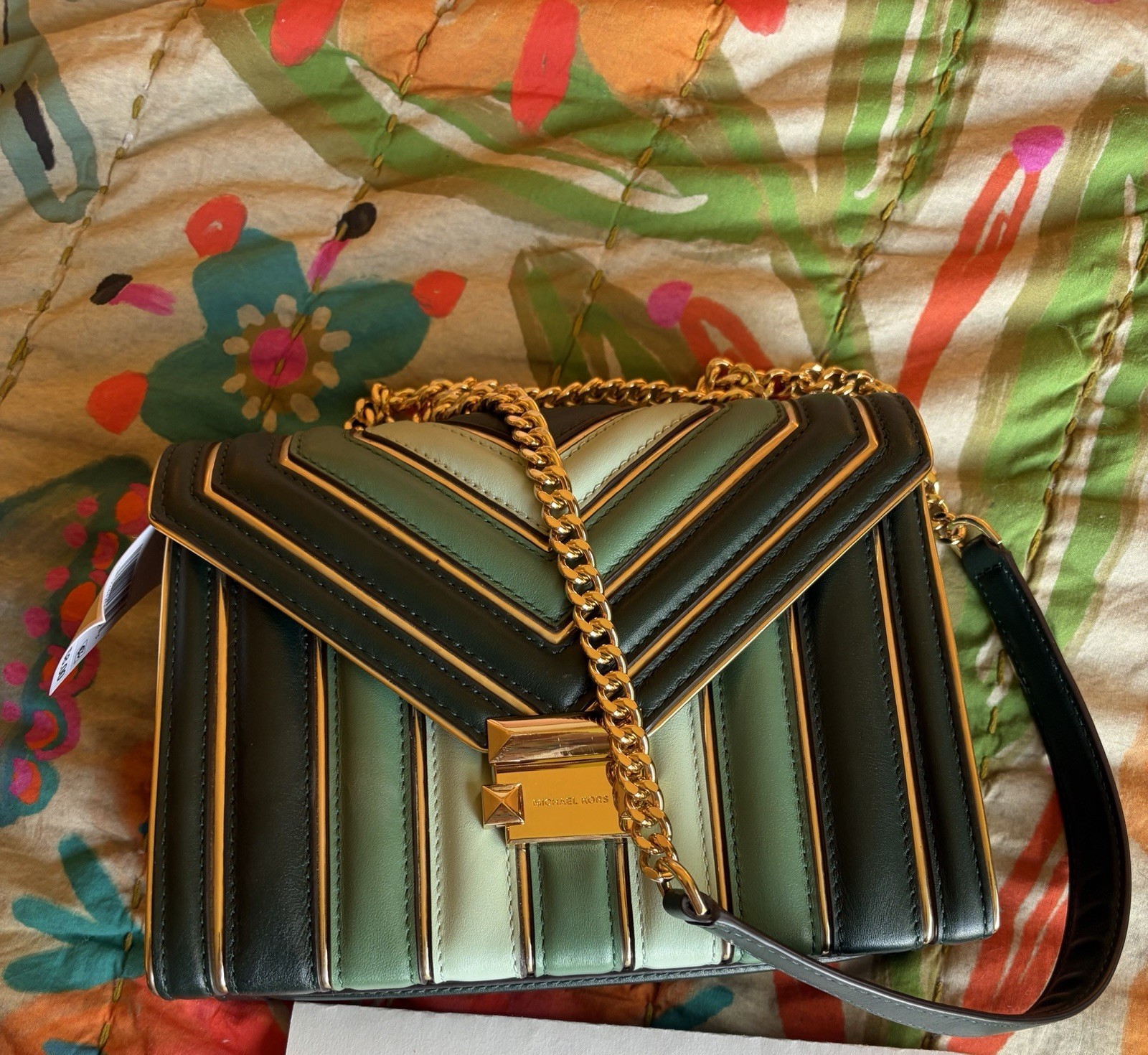 Michael Kors Small Green Striped Quilted Push Lock Shoulder Bag Gold Chain