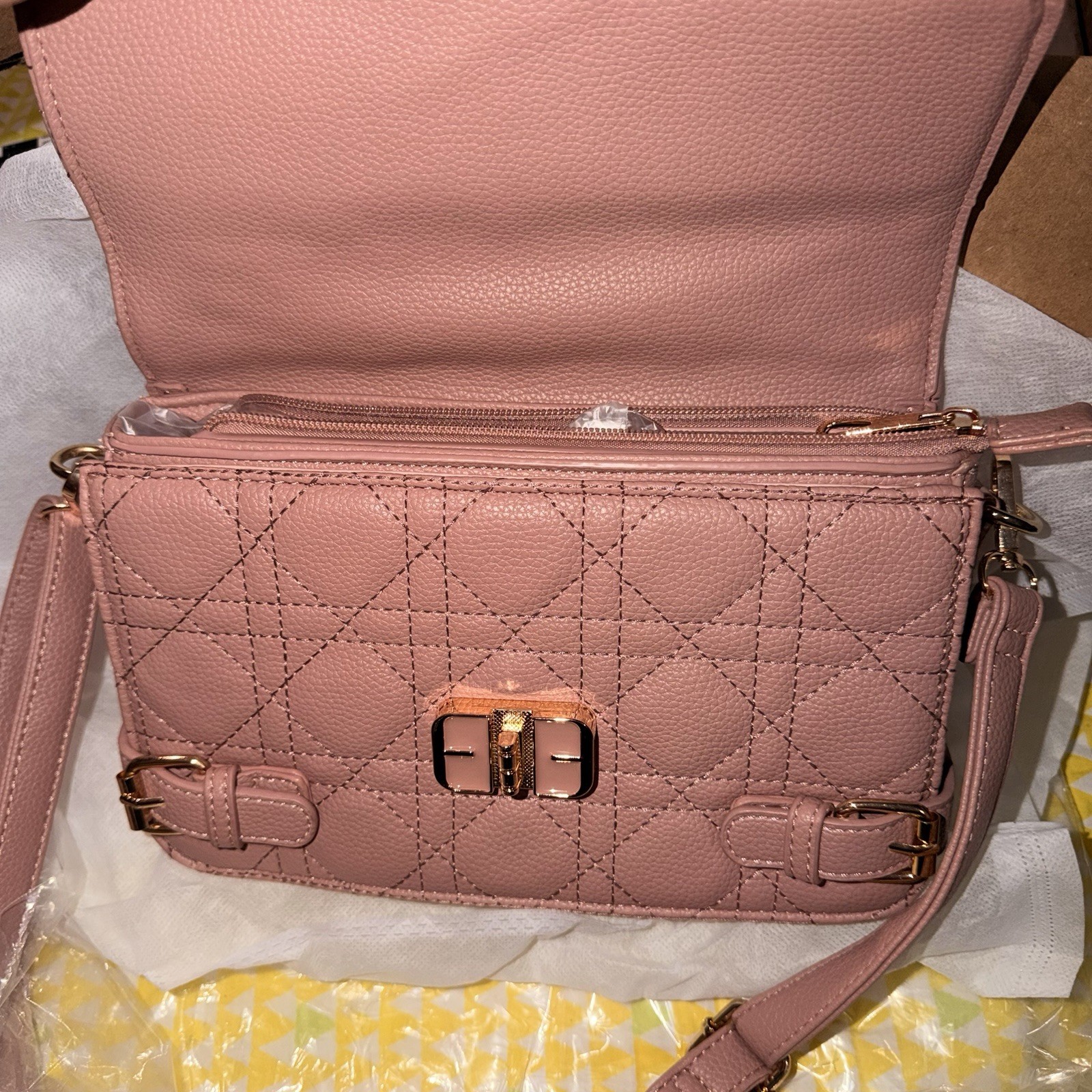 Jolene Couture Pink Quilted Satchel Top Handle Bag Buckle Accent Turn Lock