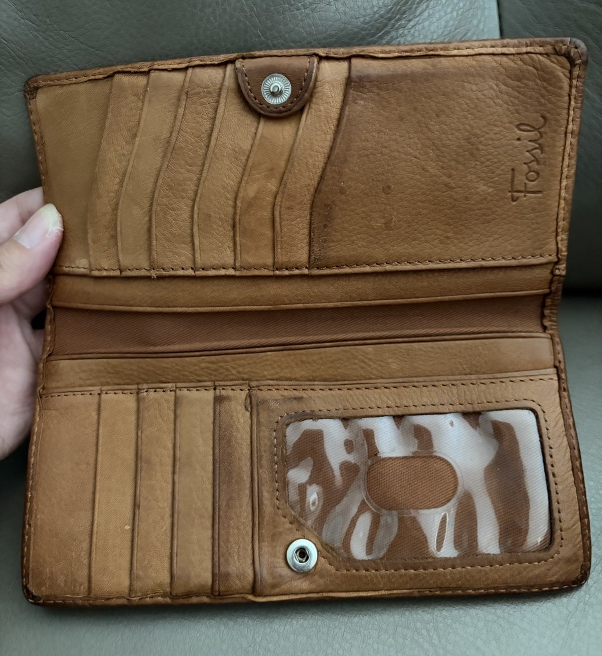 Fossil Vintage Leather Wallet Brown, Kiss Lock, Coin Pouch with 12 Card Holders