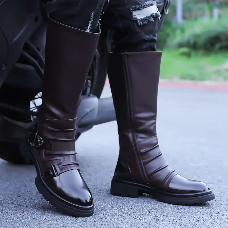 Mid Claf Boots Men’s Vintage Pleated Patent Leather Riding Motorcycle Punk Shoes