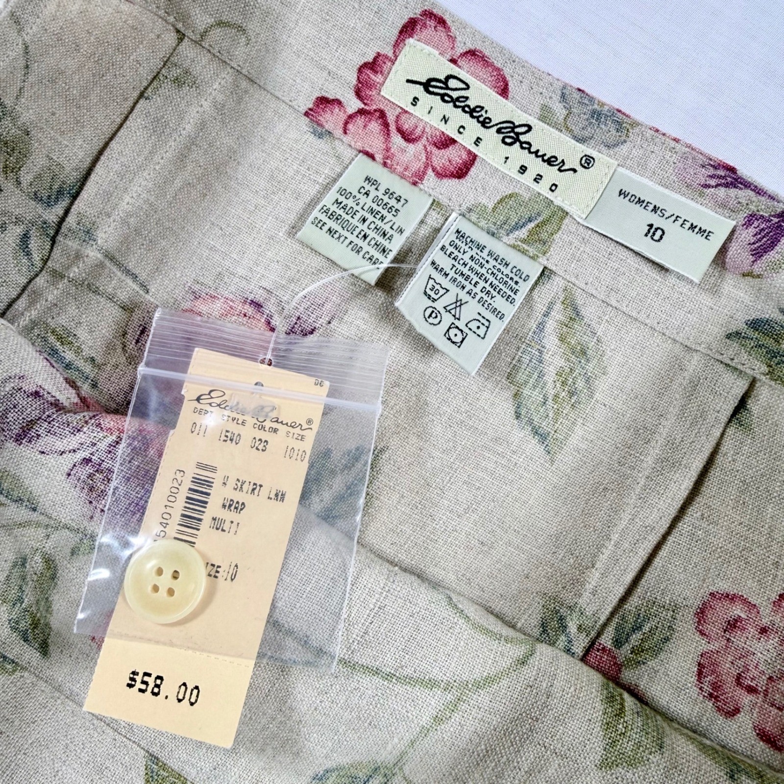 VTG 90s Eddie Bauer Womens Floral 100%Linen Wrap Skirt Beige Pink Purple Maxi 10