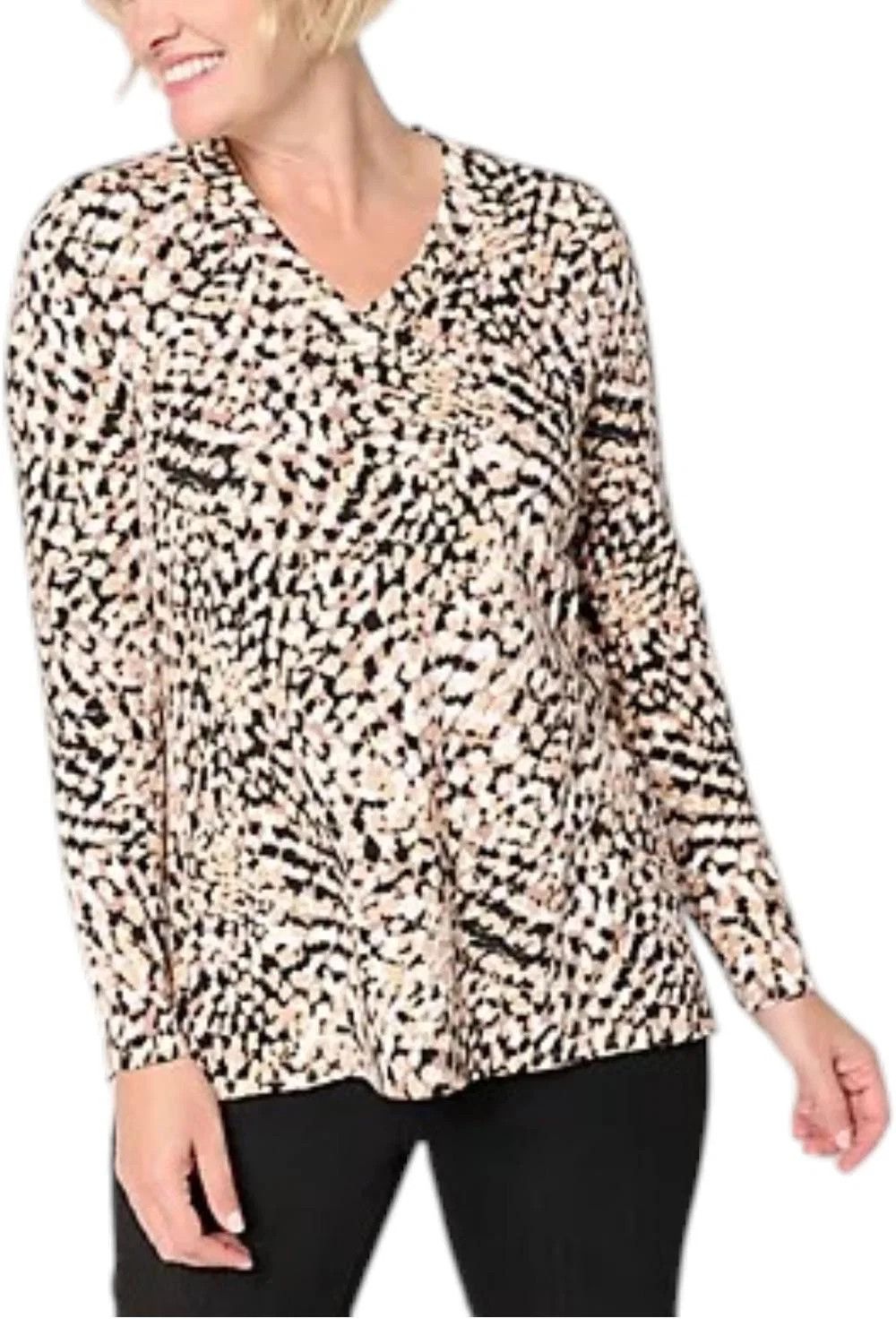 Belle by Kim Gravel Women’s Knit Blot & Blur V-Neck Top Neutral