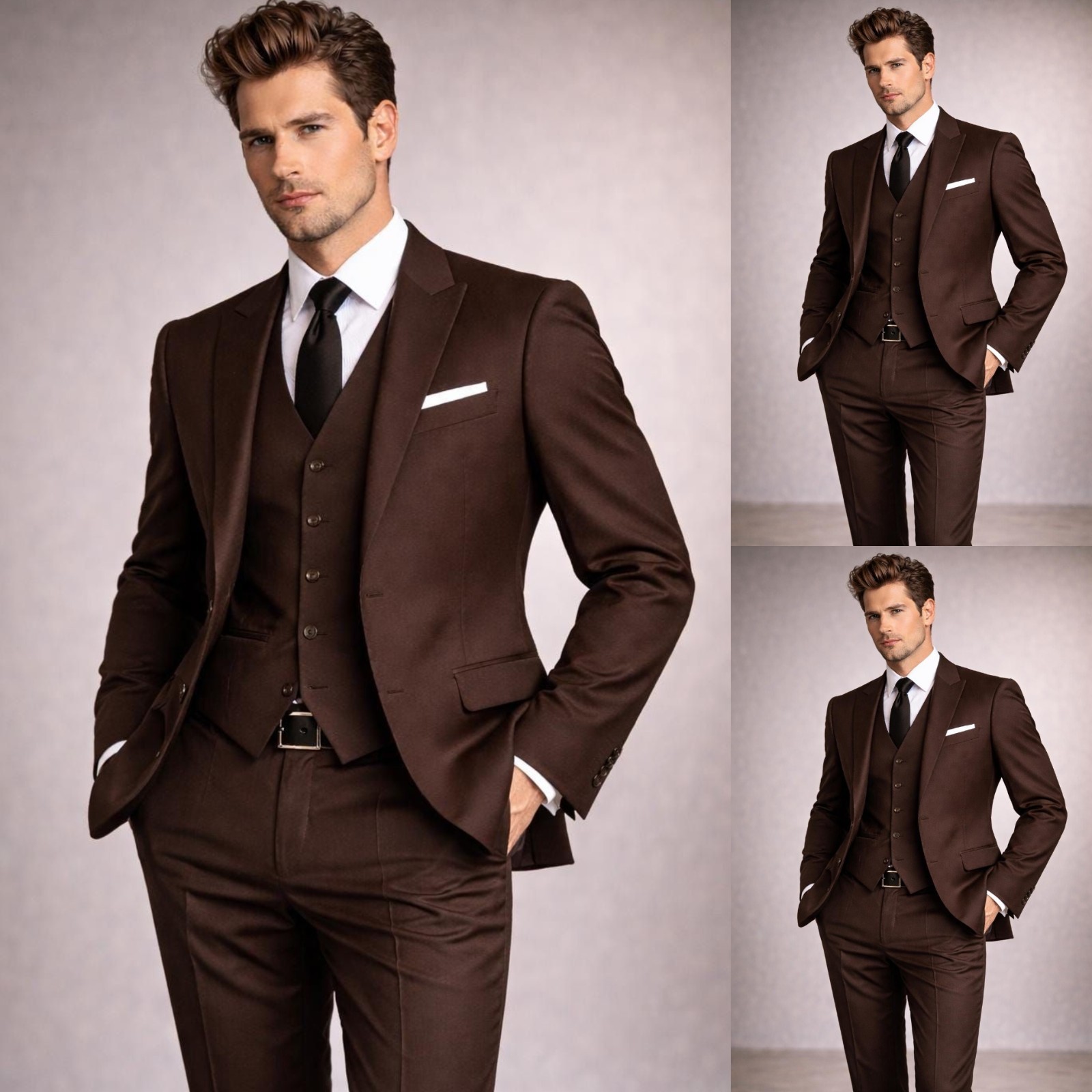 Peak Lapel Men’s 3Pcs Suit Formal Business Tuxedos Blazer Evening Jacket Coat