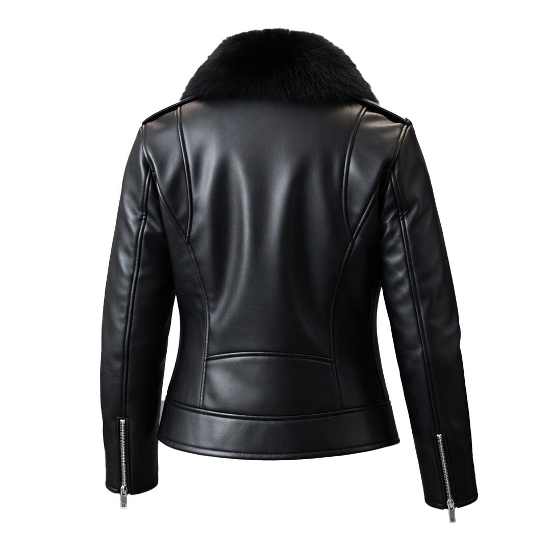 Black Biker Jacket Faux Leather Moto Asymmetrical Zip Faux Fur Collar