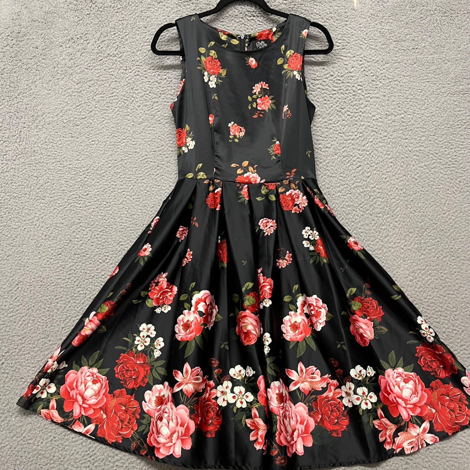 Dolly And Dotty Dress Womens US 16 Black Floral Pinup Rockabilly Satin Sheen