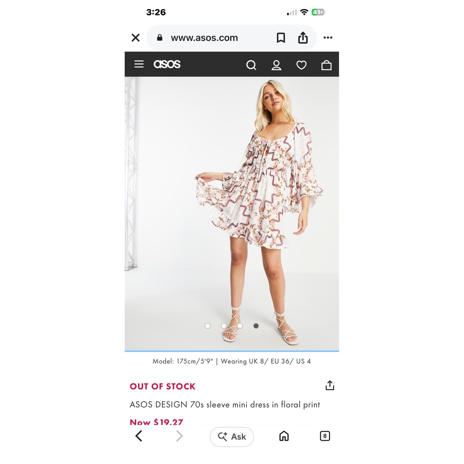 ASOS DESIGN 70s Sleeve Mini Dress Floral Print Boho Ruffle White Pink US 14