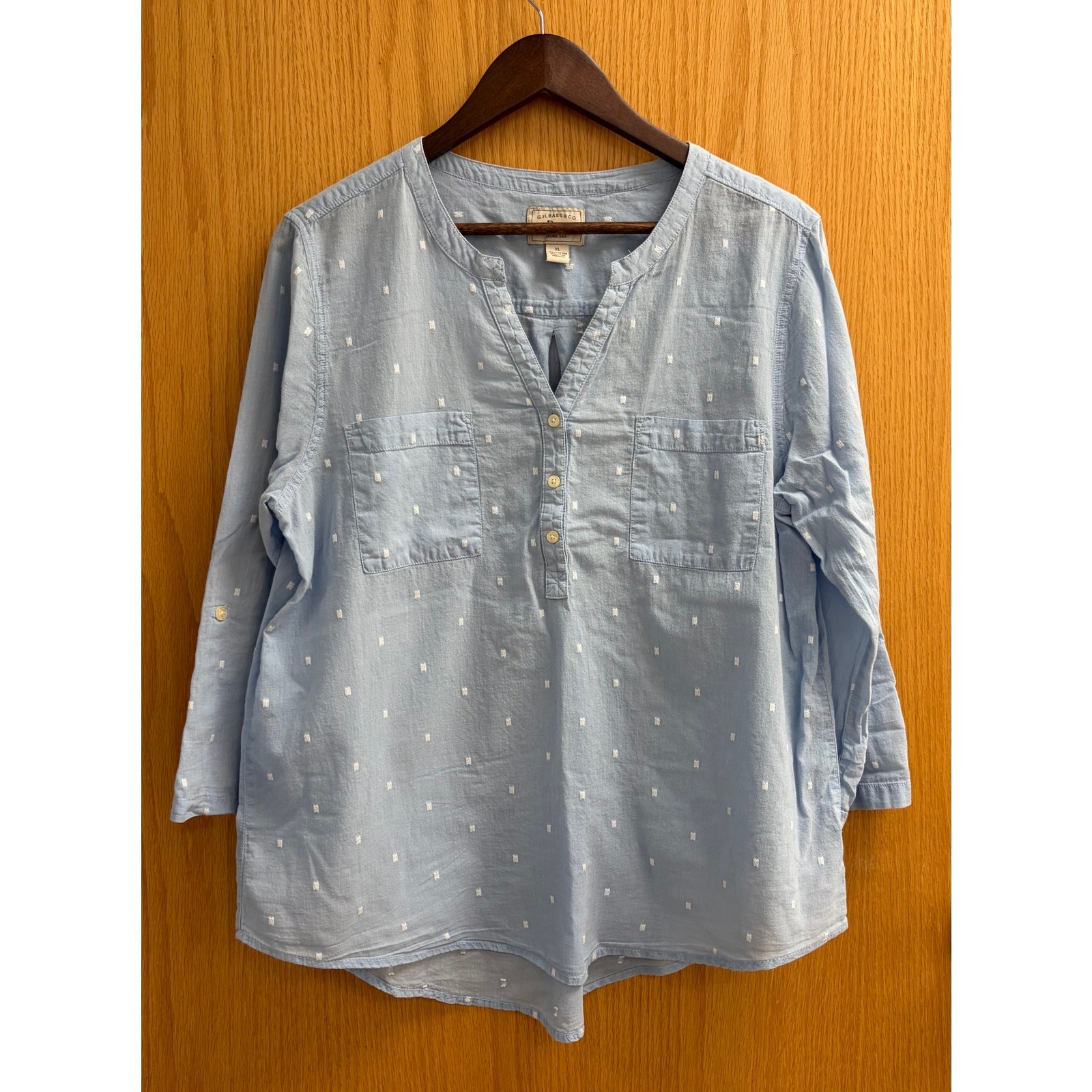G.H. BASS Boho Coastal Casual Lt. Blue Polka Dot Tunic Peasant Blouse Cotton XL