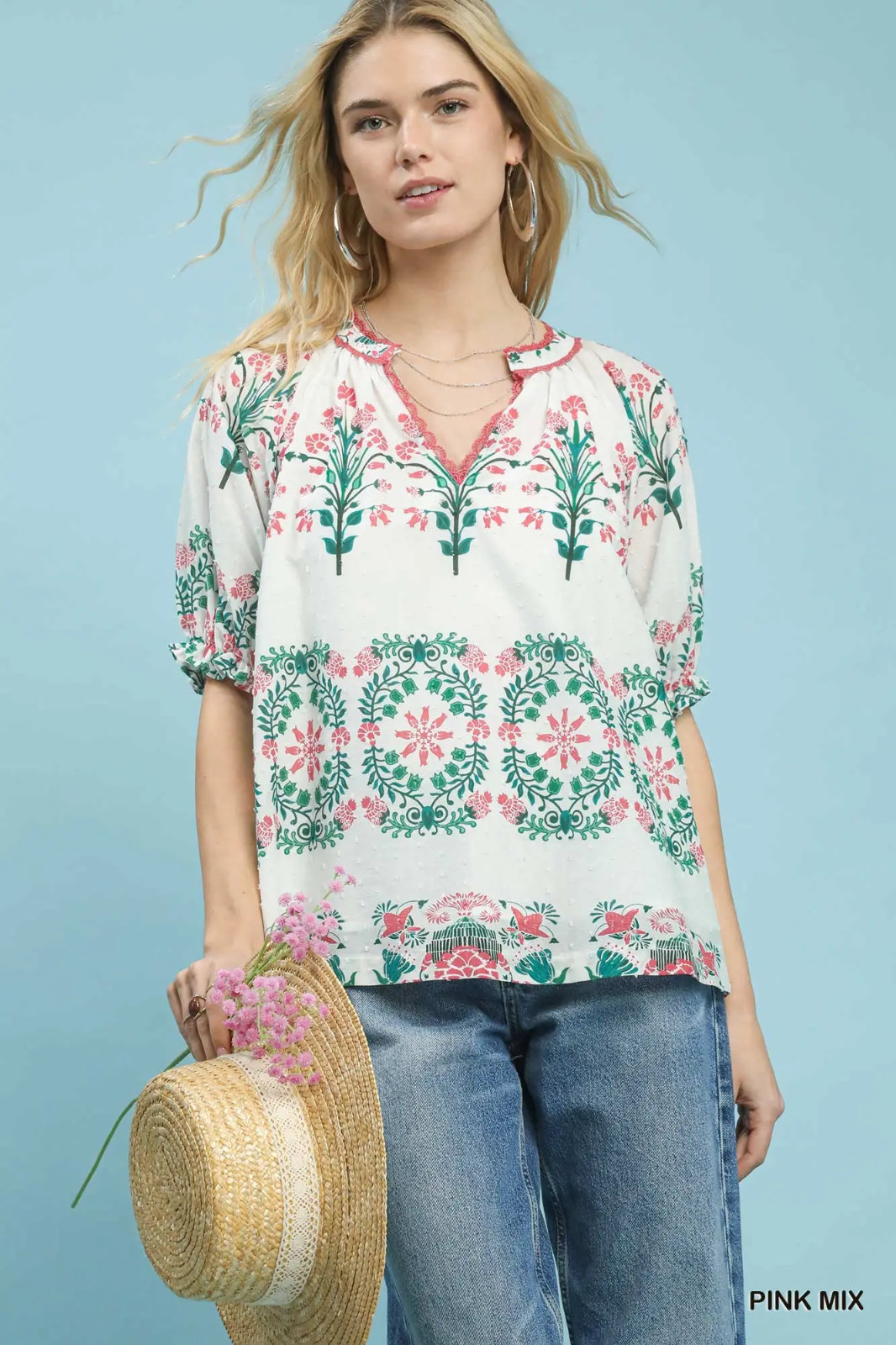 Umgee Floral Lace Detail Puff Sleeve Summer Top in Pink Ivory