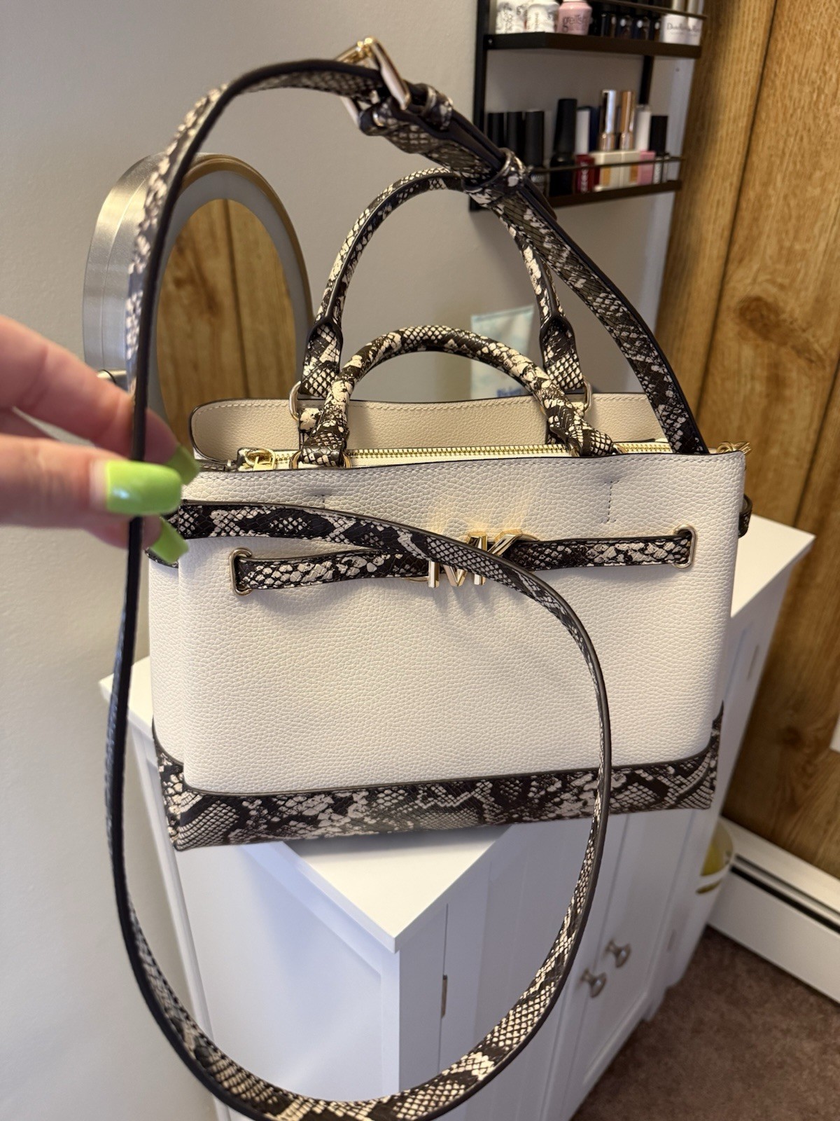 Michael Kors Cream Satchel Snake Print Trim Gold Hardware Zip Detachable Strap